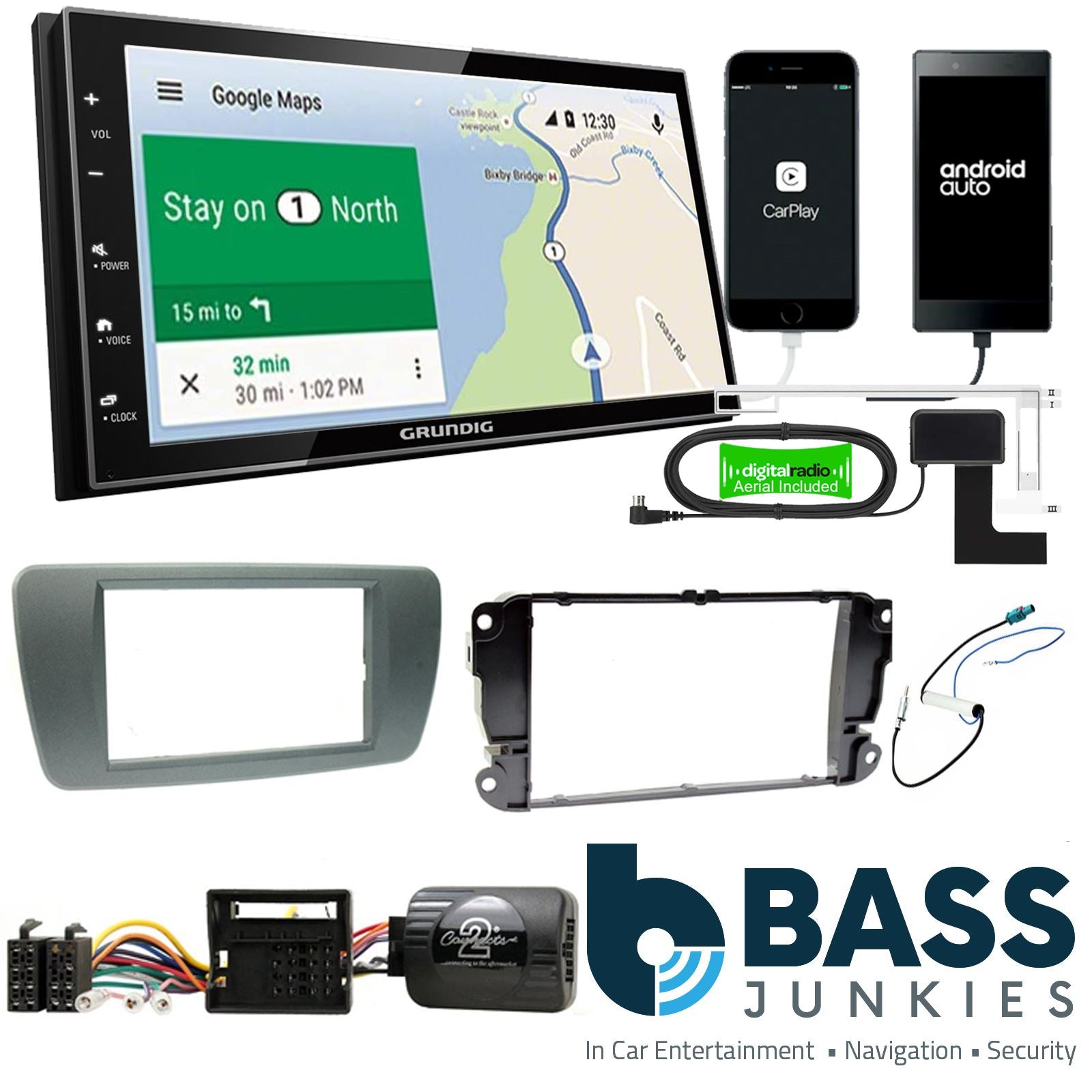 Grundig 6.8" Apple Android Double Din Stereo Fitting Kit + Steering Wheel Stalk Controls to fit Seat Ibiza 2008-14