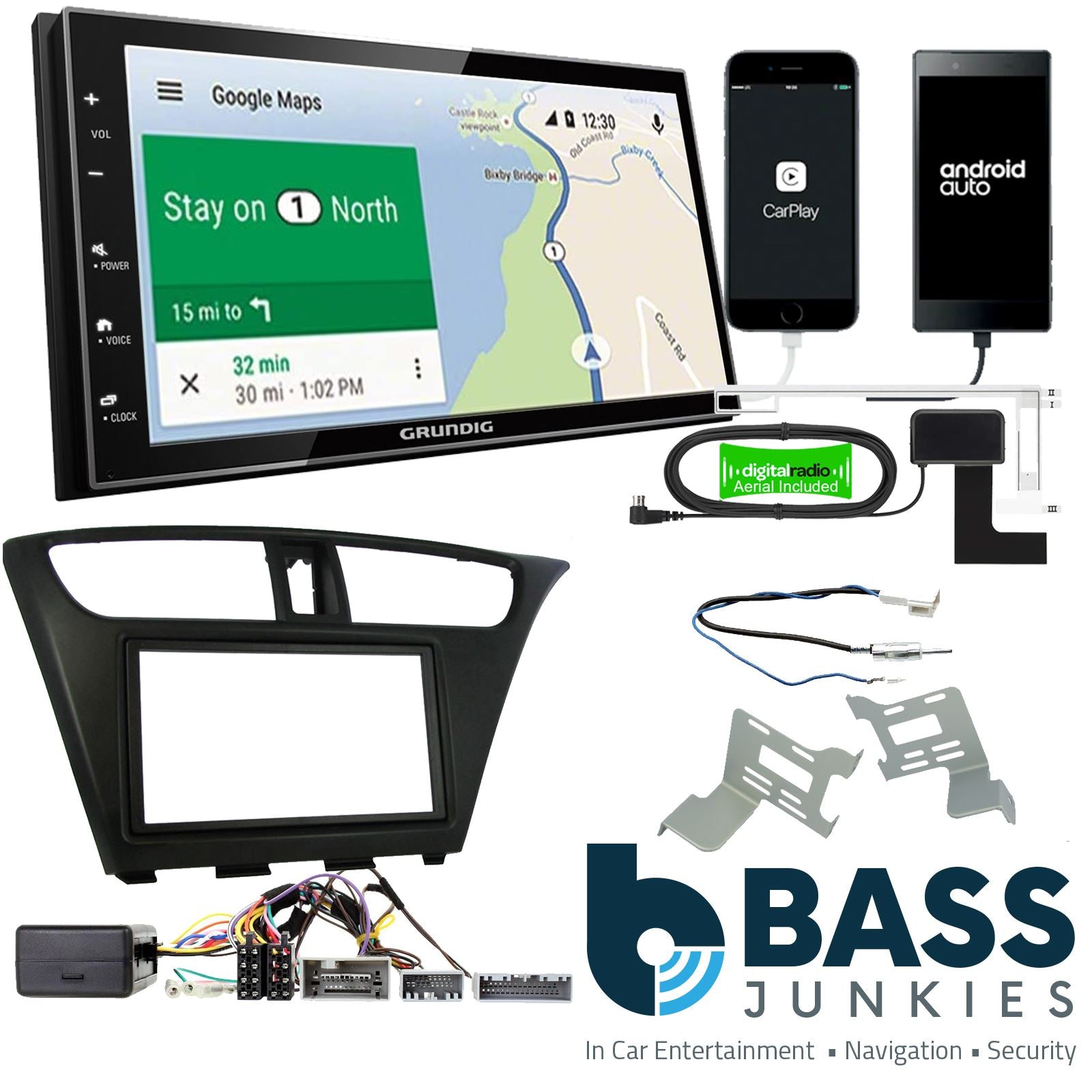Grundig 6.8" Apple Android Double Din Stereo Fitting Kit + Steering Wheel Stalk Controls to fit Honda Civic 2012-15