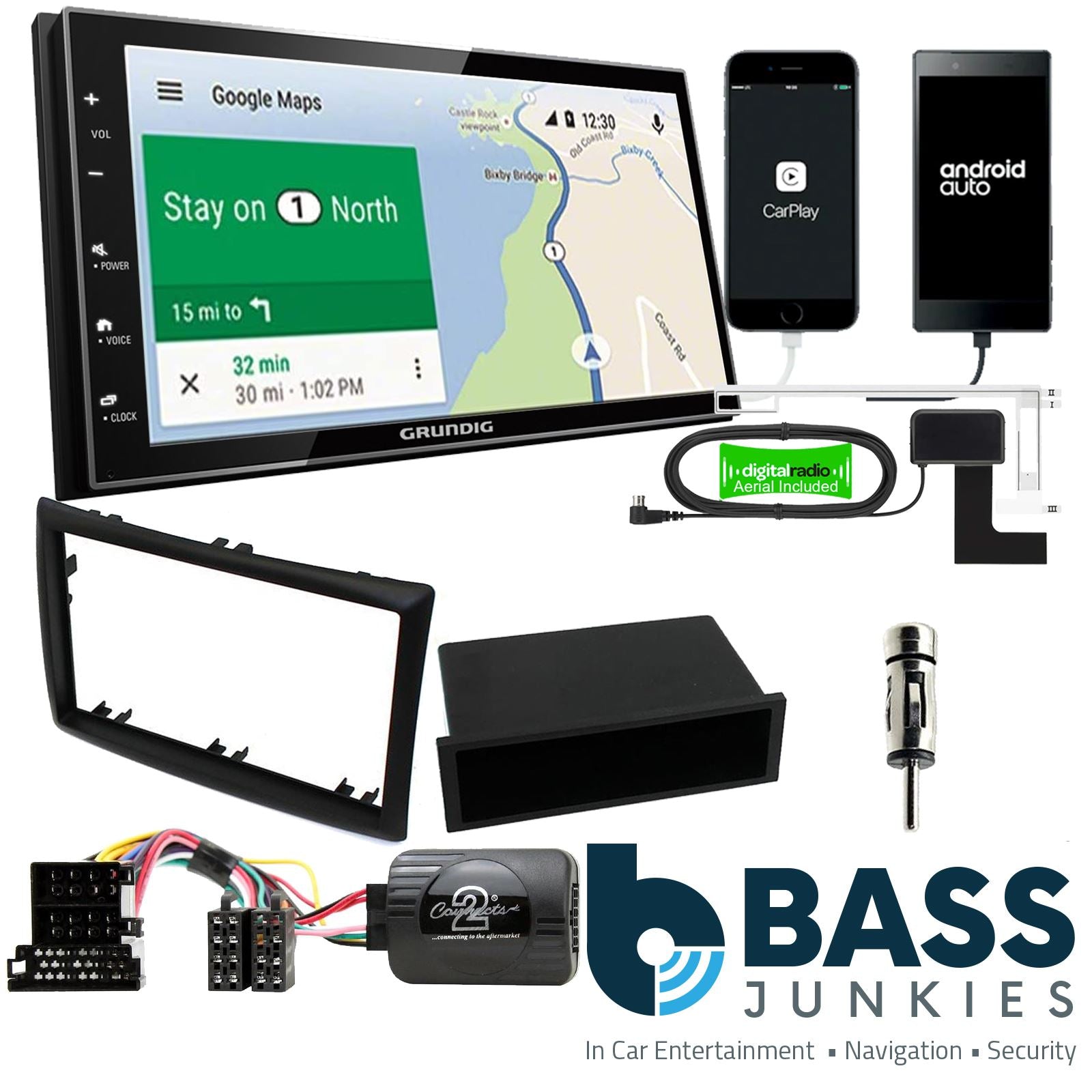 Grundig 6.8" Apple Android Double Din Stereo Fitting Kit + Steering Wheel Stalk Controls to fit Renault Megane 2003-05