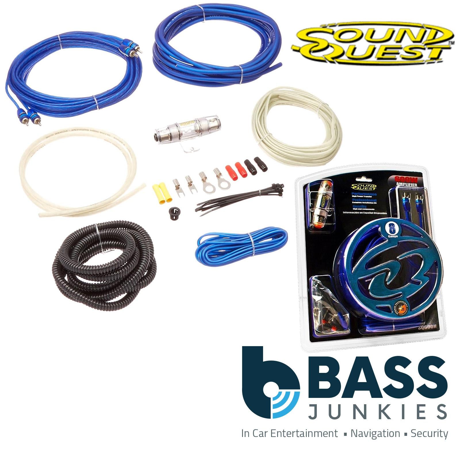 Soundquest - 8 Gauge 600 Watts Blue Twisted RCA Fuseholder Complete Car Amp Kit