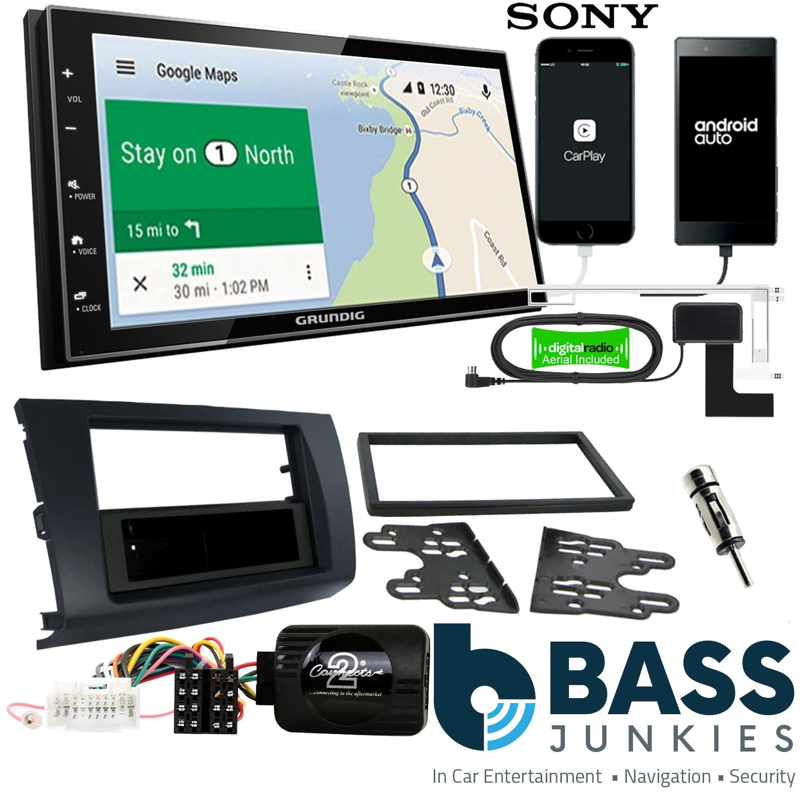 Grundig 6.8" Apple Android Double Din Stereo Fitting Kit + Steering Wheel Stalk Controls to fit Suzuki Swift 2005-10