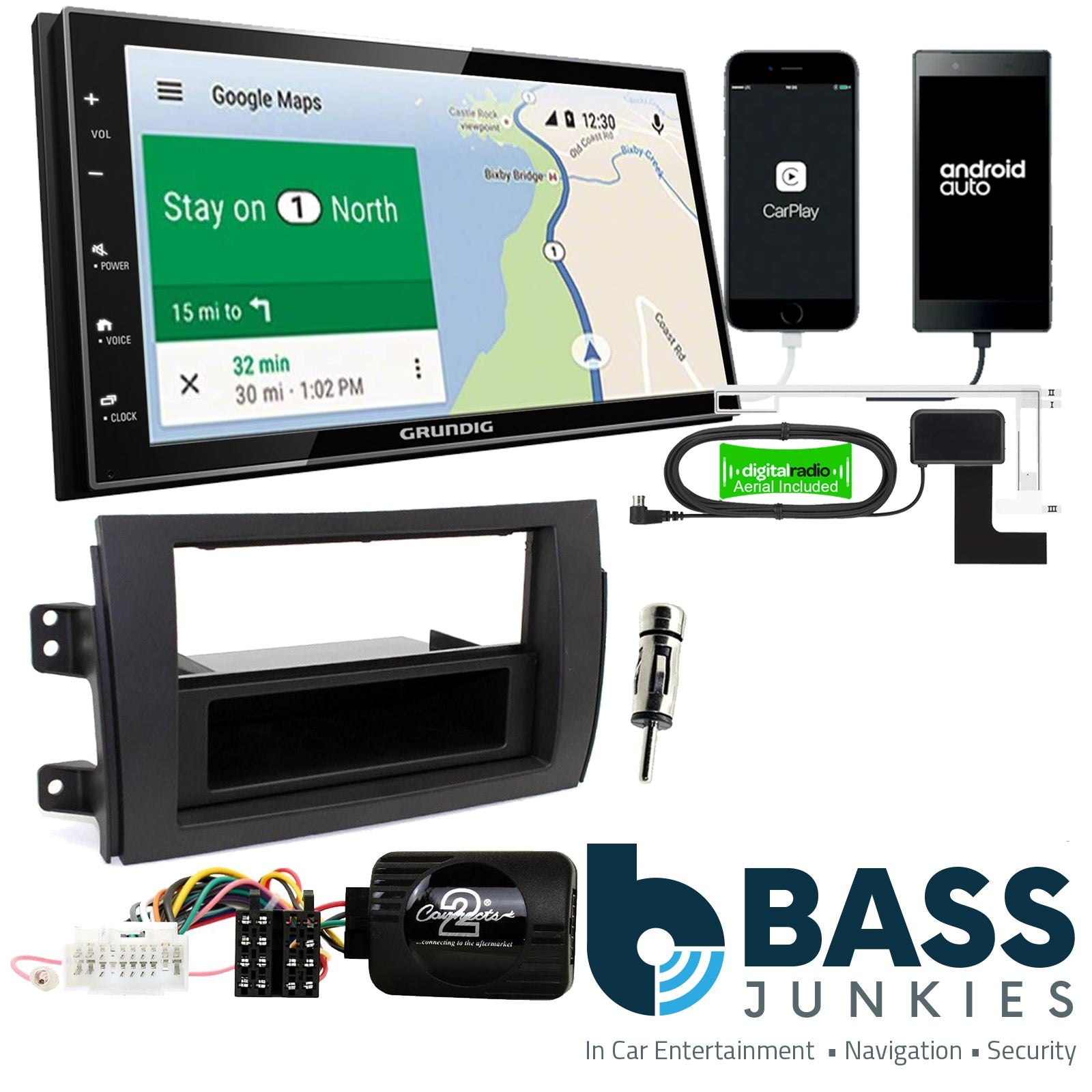Grundig 6.8" Apple Android Double Din Stereo Fitting Kit + Steering Wheel Stalk Controls to fit Suzuki SX4 2006-14