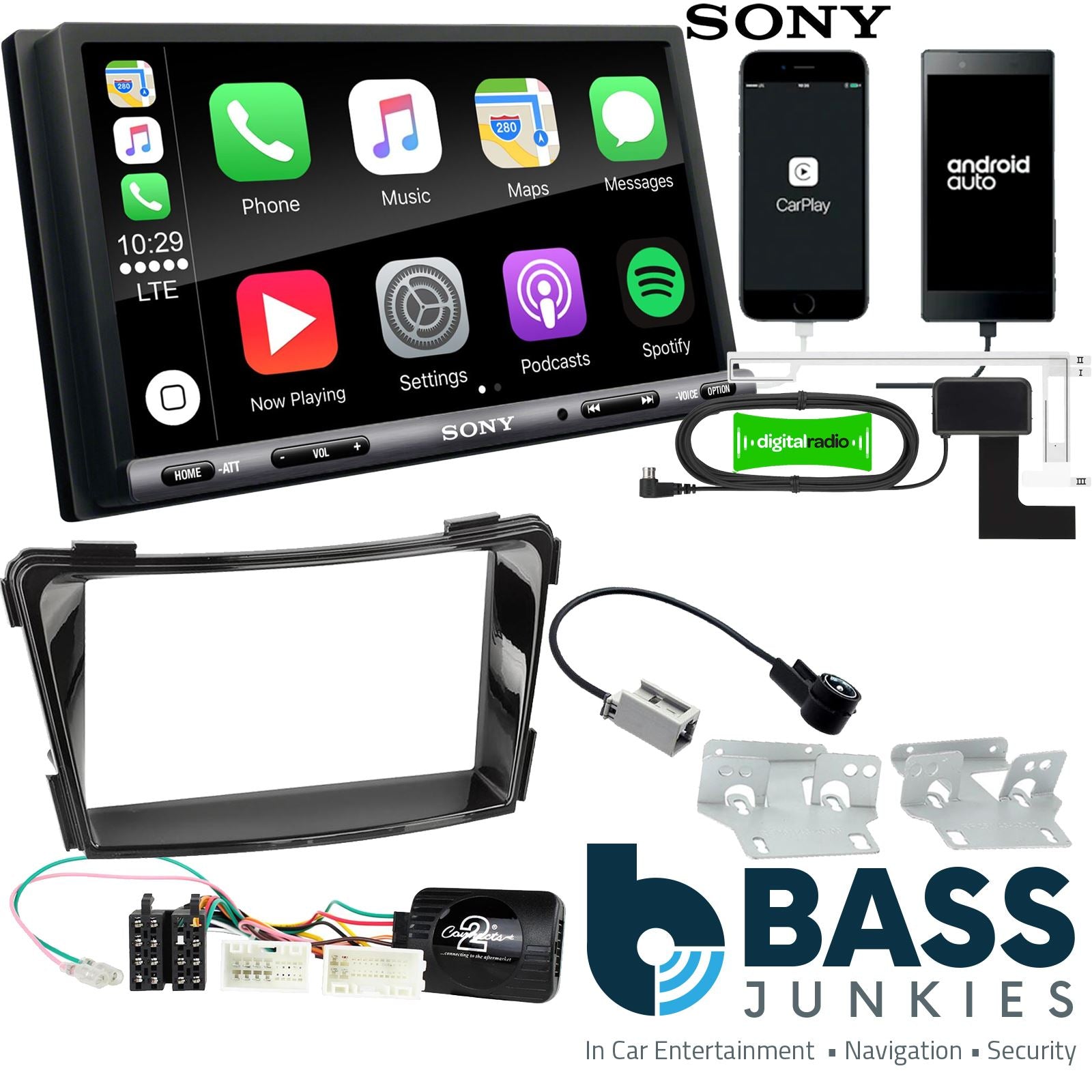 SONY DAB+ Apple | Android Double Din Stereo Fitting Kit + Steering Wheel Stalk Controls to fit Hyundai i40 2011-