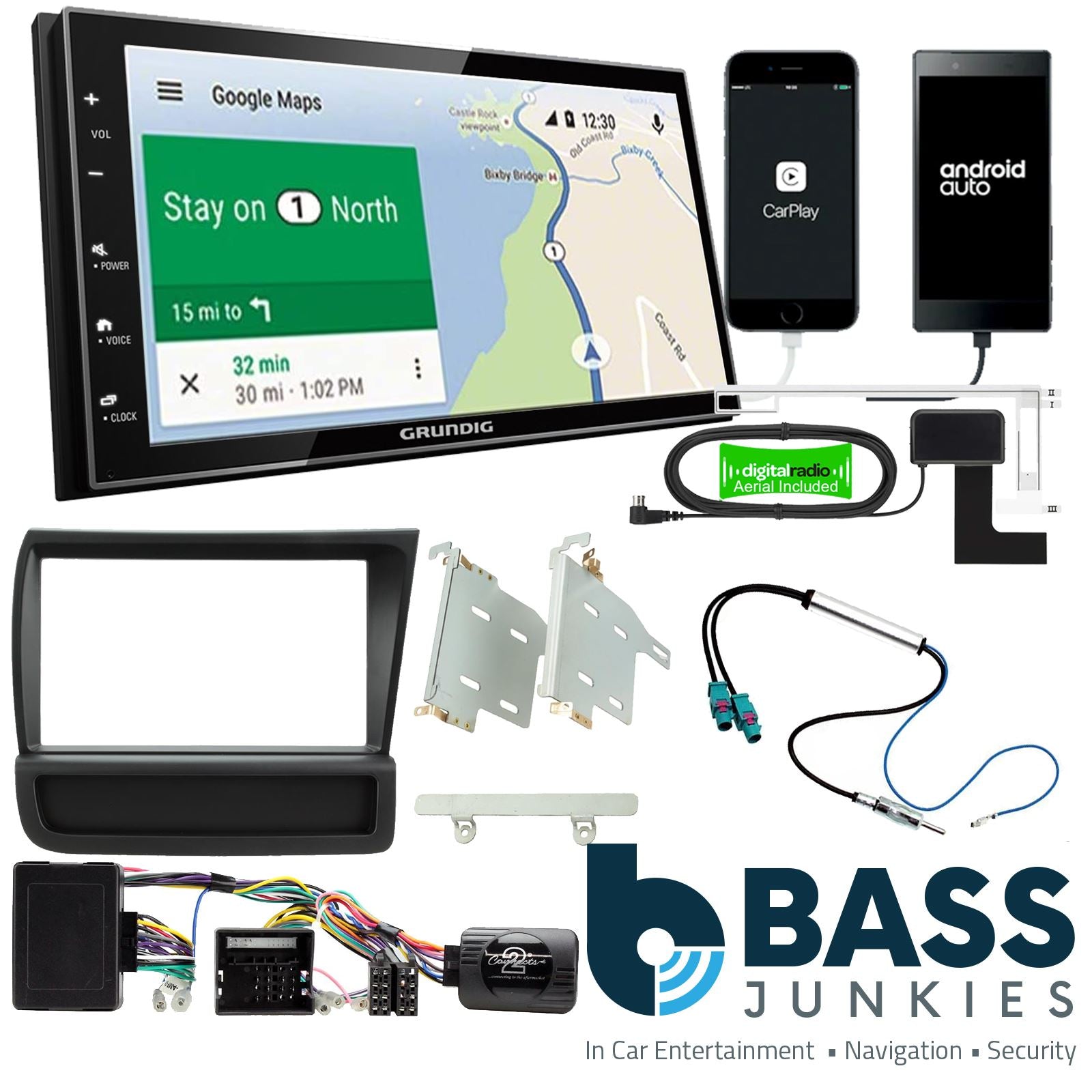Grundig 6.8" Apple Android Double Din Stereo Fitting Kit + Steering Wheel Stalk Controls to fit Audi R8 2007-15