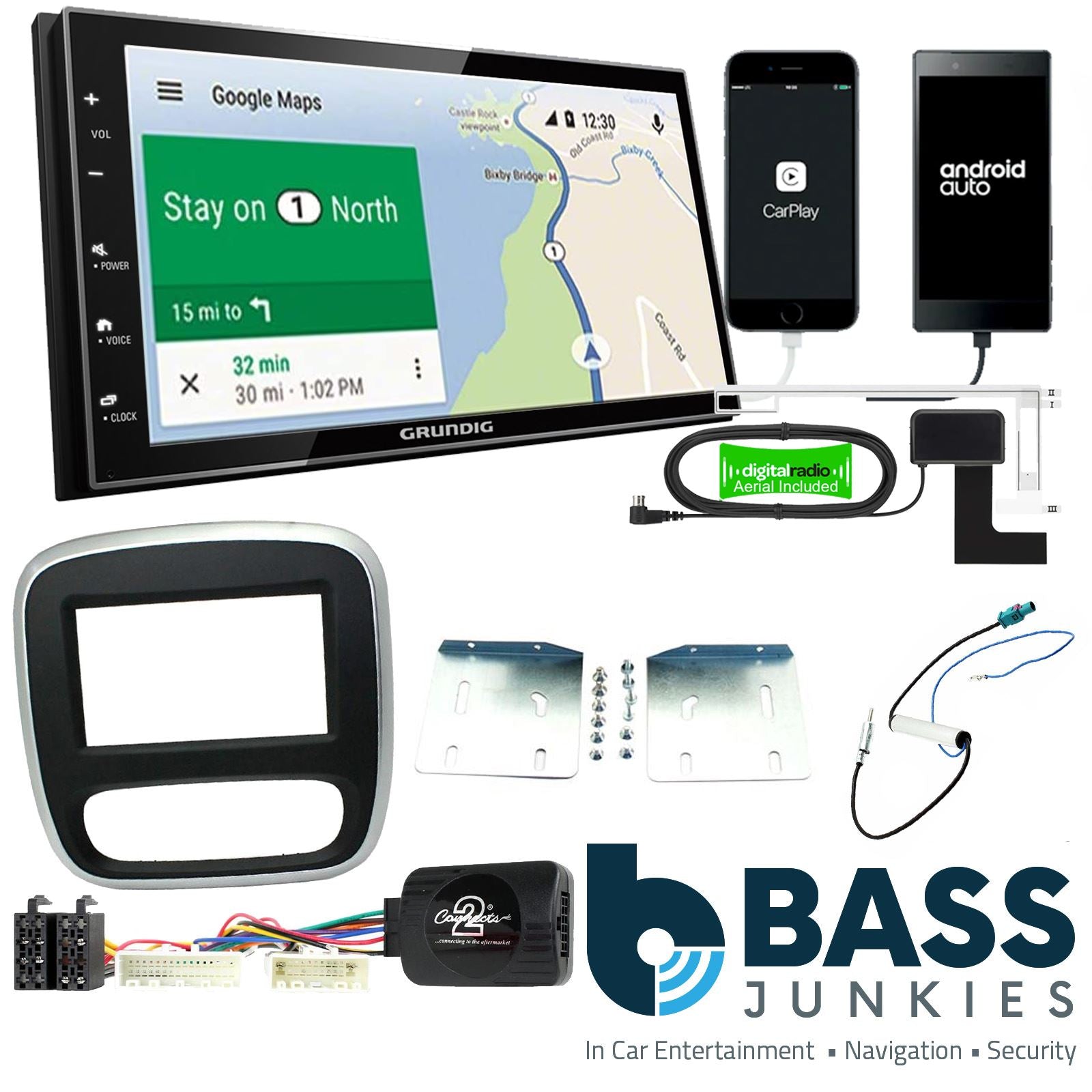 Grundig 6.8" Apple Android Double Din Stereo Fitting Kit + Steering Wheel Stalk Controls to fit Renault Trafic 2014-17