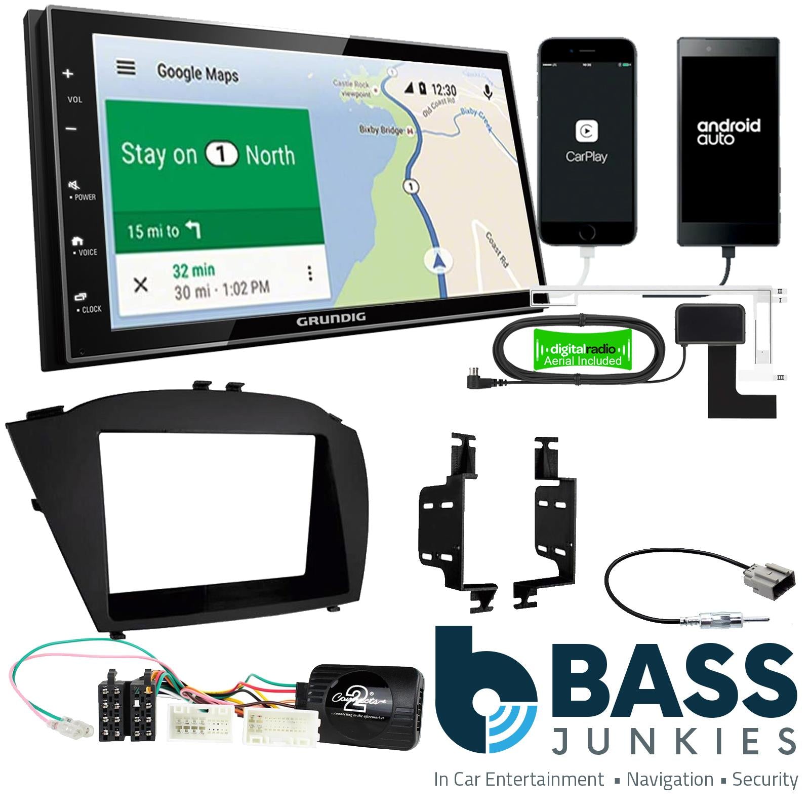 Grundig 6.8" Apple Android Double Din Stereo Fitting Kit + Steering Wheel Stalk Controls to fit Hyundai ix35 2014-15