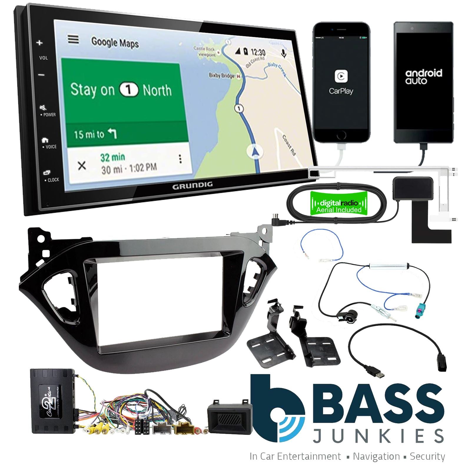 Grundig 6.8" Apple Android Double Din Stereo Fitting Kit + Steering Wheel Stalk Controls to fit Vauxhall Corsa 2014-