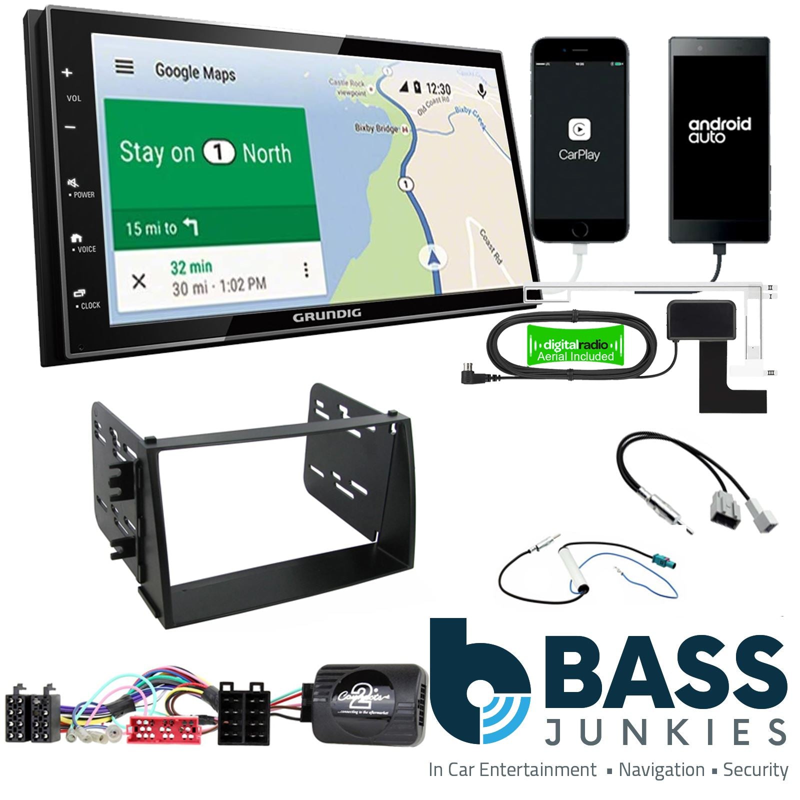 Grundig 6.8" Apple Android Double Din Stereo Fitting Kit + Steering Wheel Stalk Controls to fit Kia Soul 2009-11