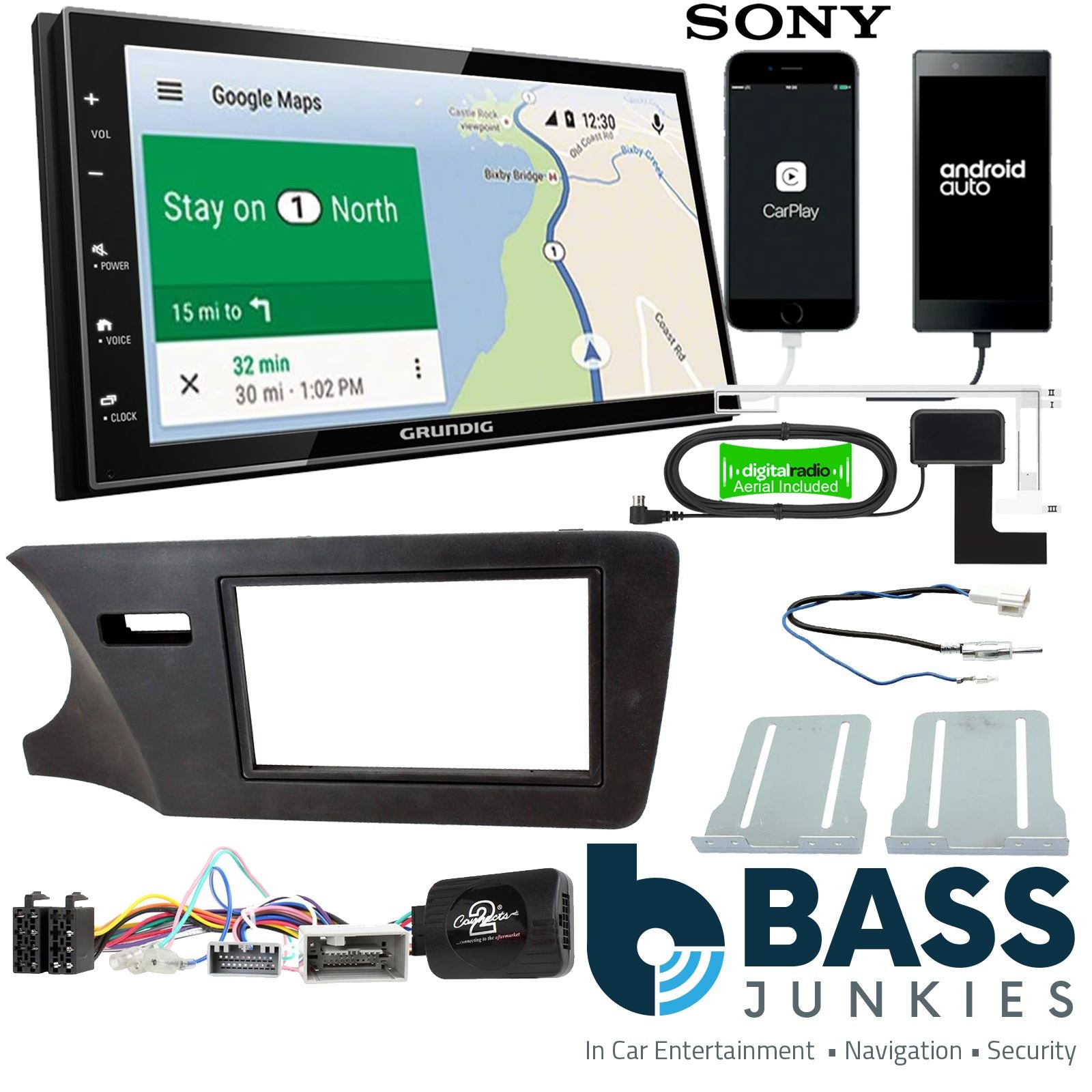 Grundig 6.8" Apple Android Double Din Stereo Fitting Kit + Steering Wheel Stalk Controls to fit Honda City 2014-