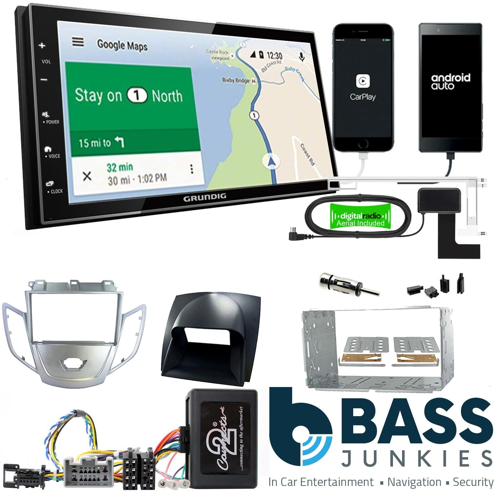 Grundig 6.8" Apple Android Double Din Stereo Fitting Kit + Steering Wheel Stalk Controls to fit Ford Fiesta 2010-12
