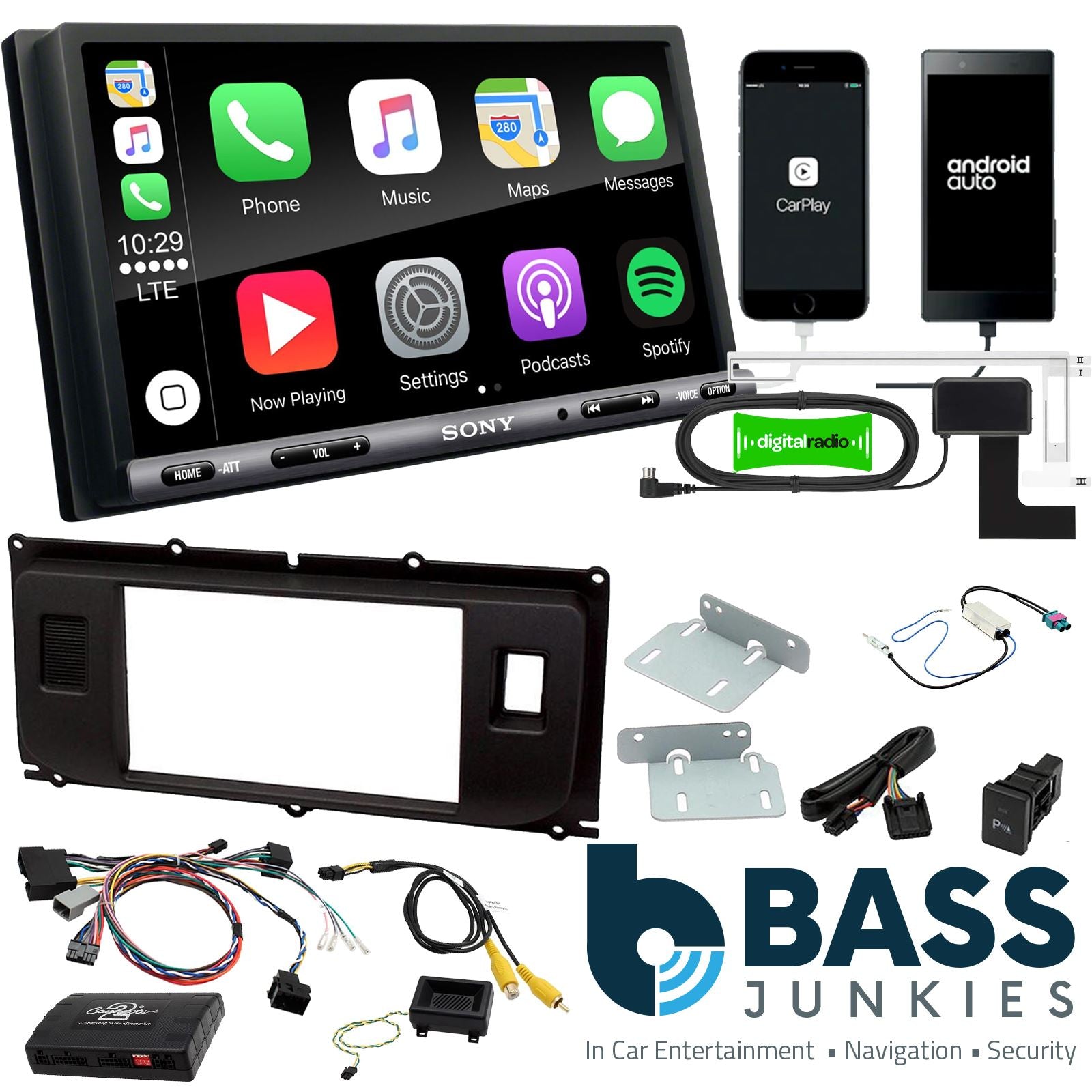 SONY DAB+ Apple | Android Double Din Stereo Fitting Kit + Steering Wheel Stalk Controls to fit Land Rover Evoque 11-14
