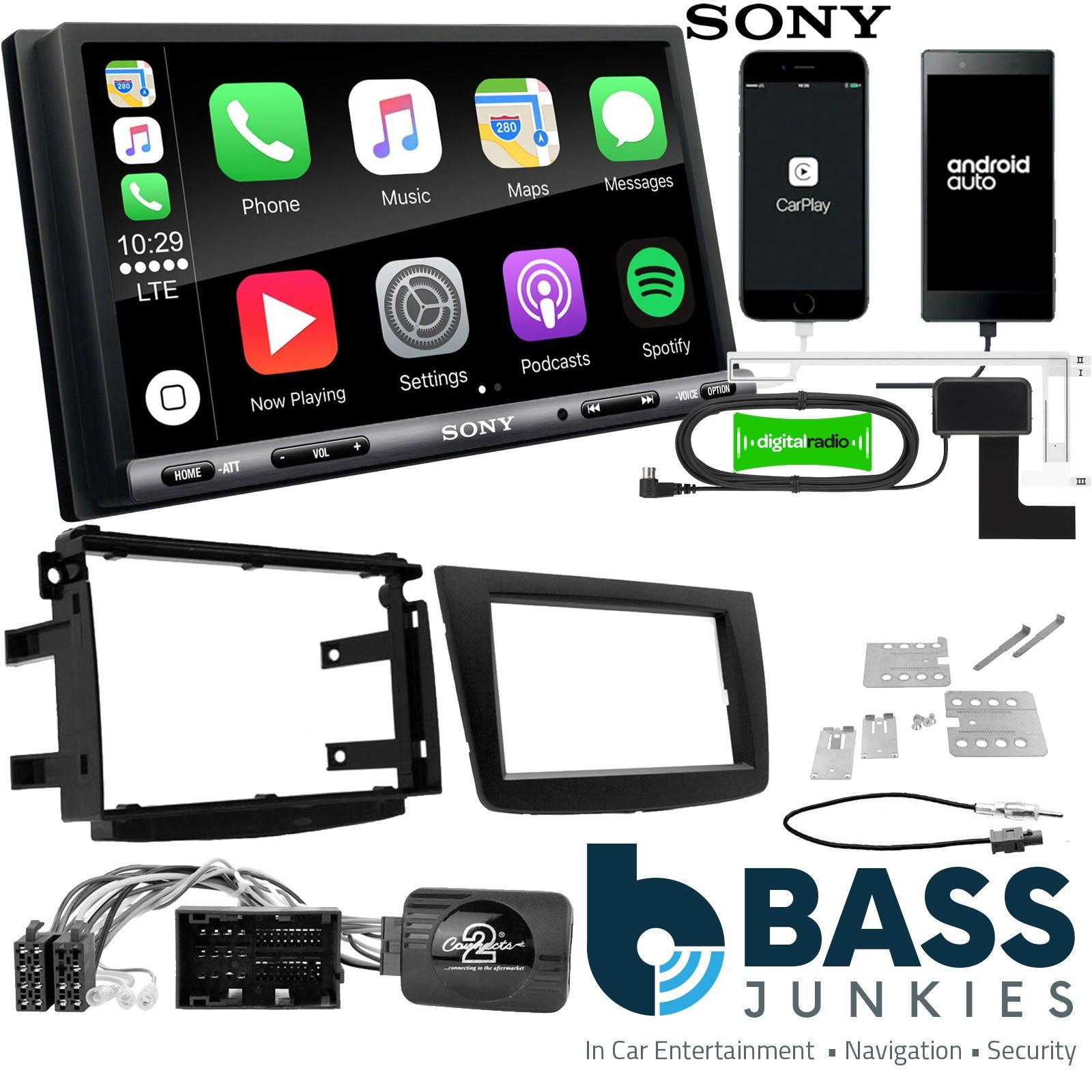 SONY DAB+ Apple | Android Double Din Stereo Fitting Kit + Steering Wheel Stalk Controls to fit Alfa Romeo Mito 2014-2018