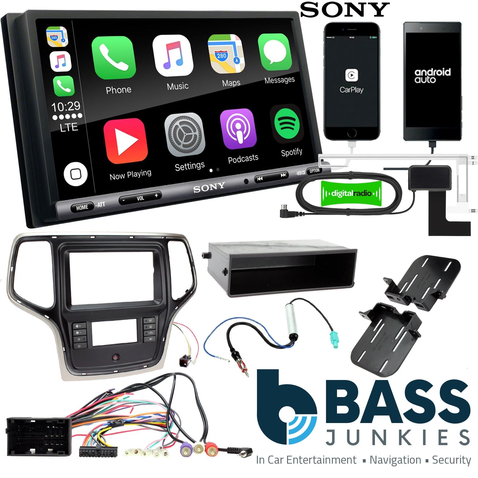 SONY DAB+ Apple | Android Double Din Stereo Fitting Kit + Steering Wheel Stalk Controls to fit Jeep Grand-Cherokee 14-21