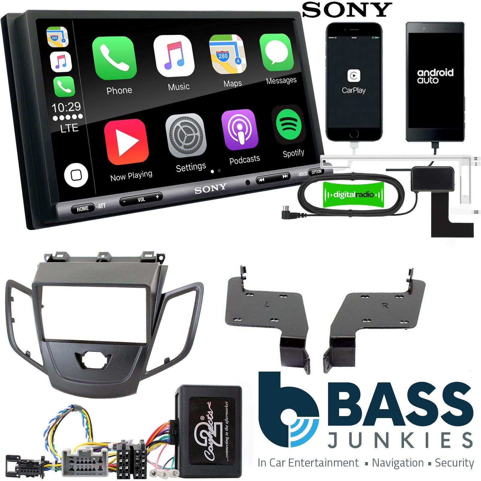 SONY DAB+ Apple | Android Double Din Stereo Fitting Kit + Steering Wheel Stalk Controls to fit Ford Fiesta 2008-12
