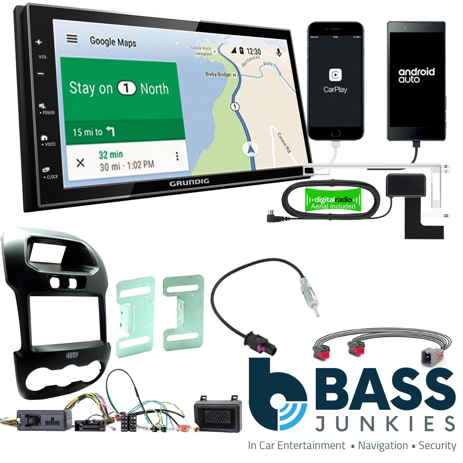 Grundig 6.8" Apple Android Double Din Stereo Fitting Kit + Steering Wheel Stalk Controls to fit Ford Ranger 2012-16