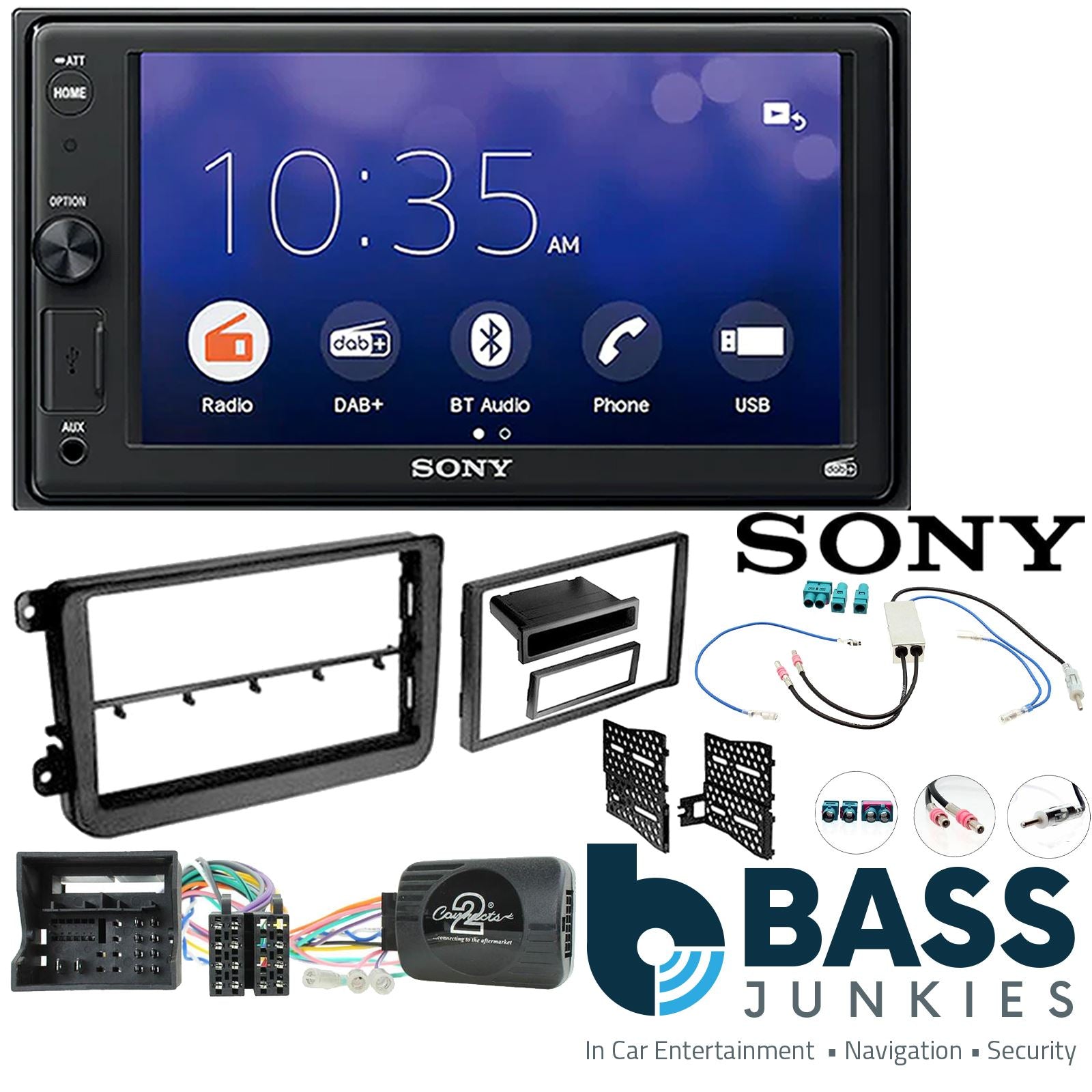 SONY 6.2" Screen Blutooth Double Din Stereo Fitting Kit + Steering Wheel Stalk Controls to fit VW Tiguan 2015-15 | VW Amarok 2016-21 | VW Crafter 2017-21 | VW Caddy 2015-20 | VW Beetle 2015- | VW Jetta 2011-18 | VW Transporter T6 2015- | VW Scirocco 2015-