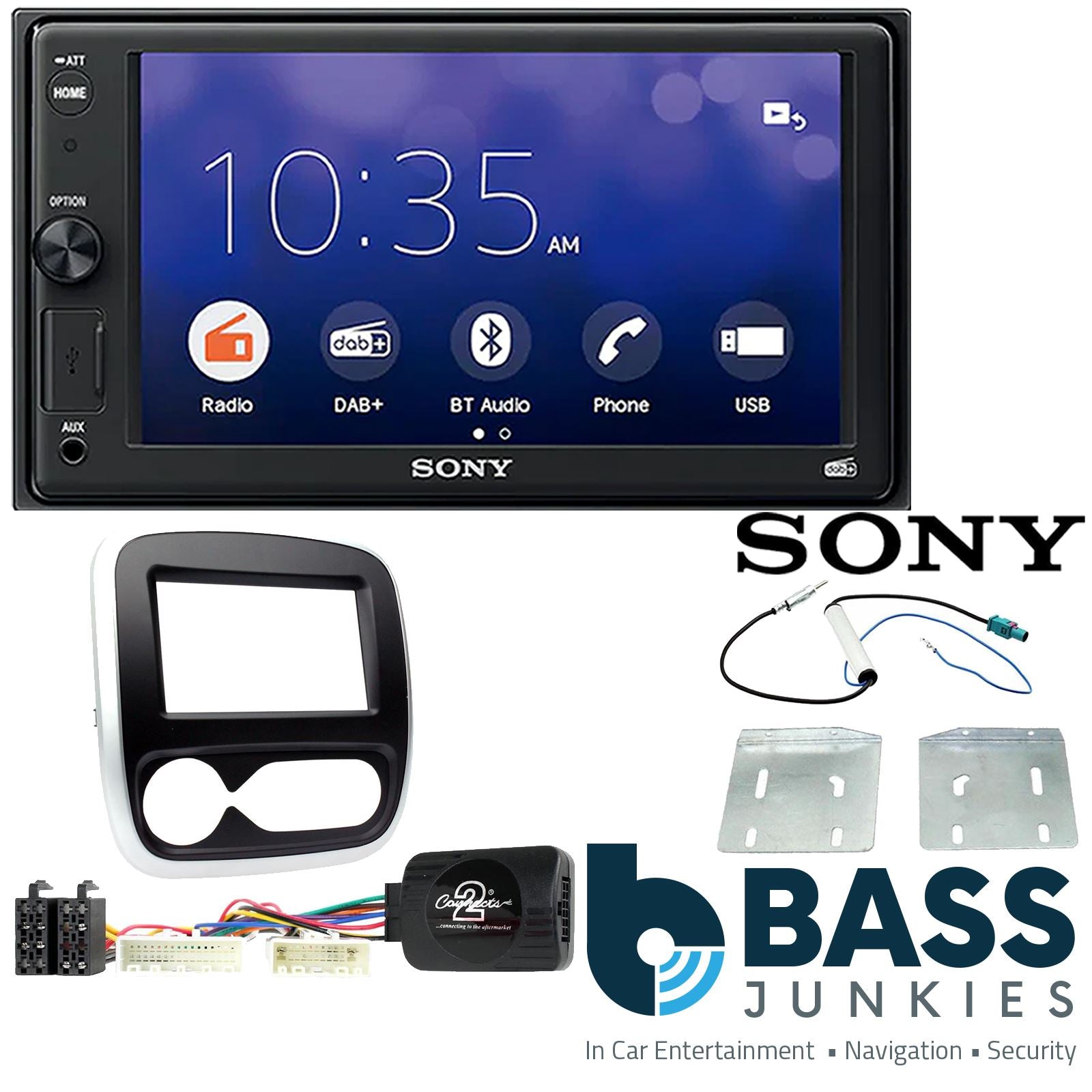 SONY 6.2" Screen Blutooth Double Din Stereo Fitting Kit + Steering Wheel Stalk Controls to fit Renault Trafic 2017-
