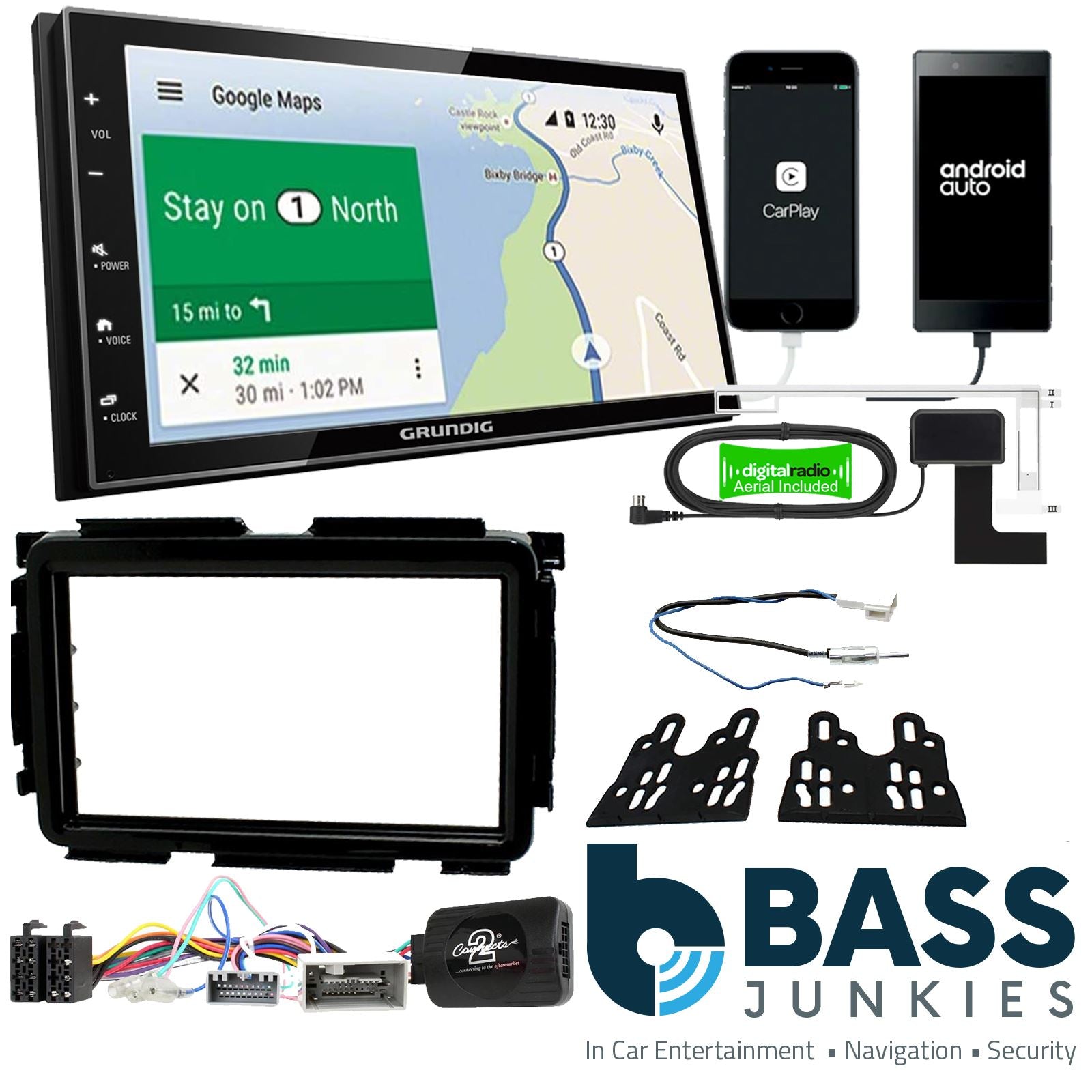 Grundig 6.8" Apple Android Double Din Stereo Fitting Kit + Steering Wheel Stalk Controls to fit Honda HR-V 2014-21