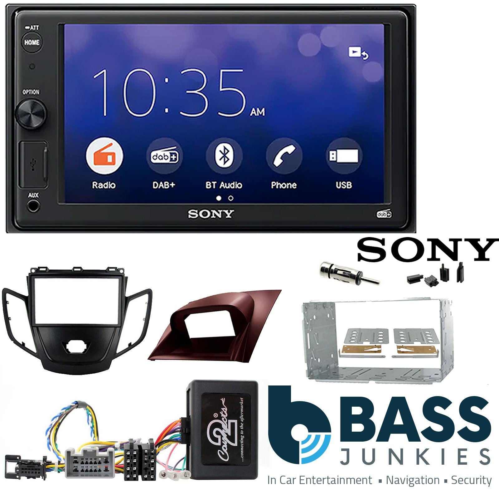 SONY XAV-1550D DAB+ Smart Bluetooth Car Radio + Stereo fitting kit + Steering Wheel Controls Loom for Ford Fiesta 2008-2010