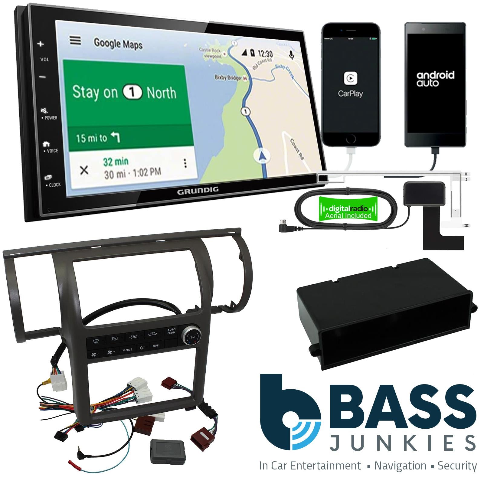 Grundig 6.8" Apple Android Double Din Stereo Fitting Kit + Steering Wheel Stalk Controls to fit Nissan Skyline 2003-04 | Infiniti G35 2003-04