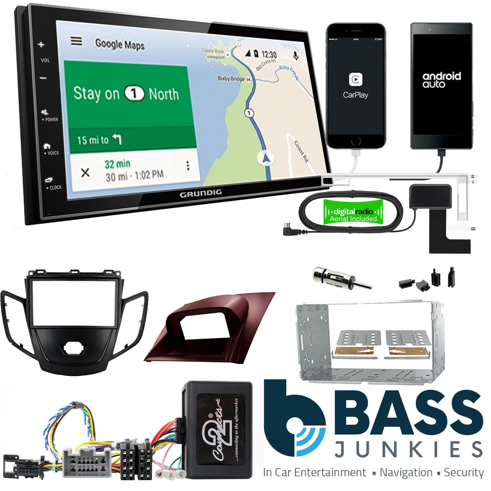 Grundig 6.8" Apple Android Double Din Stereo Fitting Kit + Steering Wheel Stalk Controls to fit Ford Fiesta 2008-10