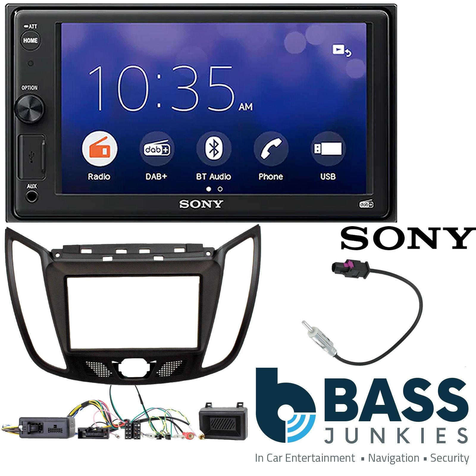 SONY XAV-1550D DAB+ Smart Bluetooth Car Radio + Stereo fitting kit + Steering Wheel Controls Loom for Ford Kuga 2013-2019