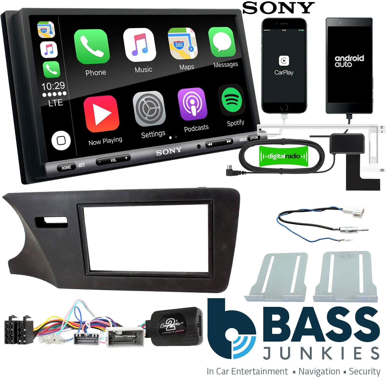SONY DAB+ Apple | Android Double Din Stereo Fitting Kit + Steering Wheel Stalk Controls to fit Honda City 2014-
