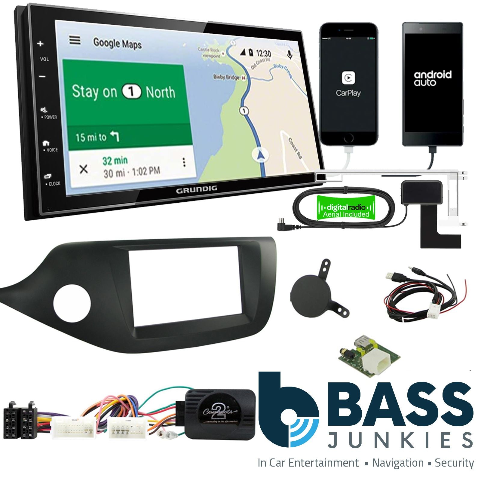 Grundig 6.8" Apple Android Double Din Stereo Fitting Kit + Steering Wheel Stalk Controls to fit Kia Cee'd 2012-18 | Kia Pro-Cee'd 2012-18