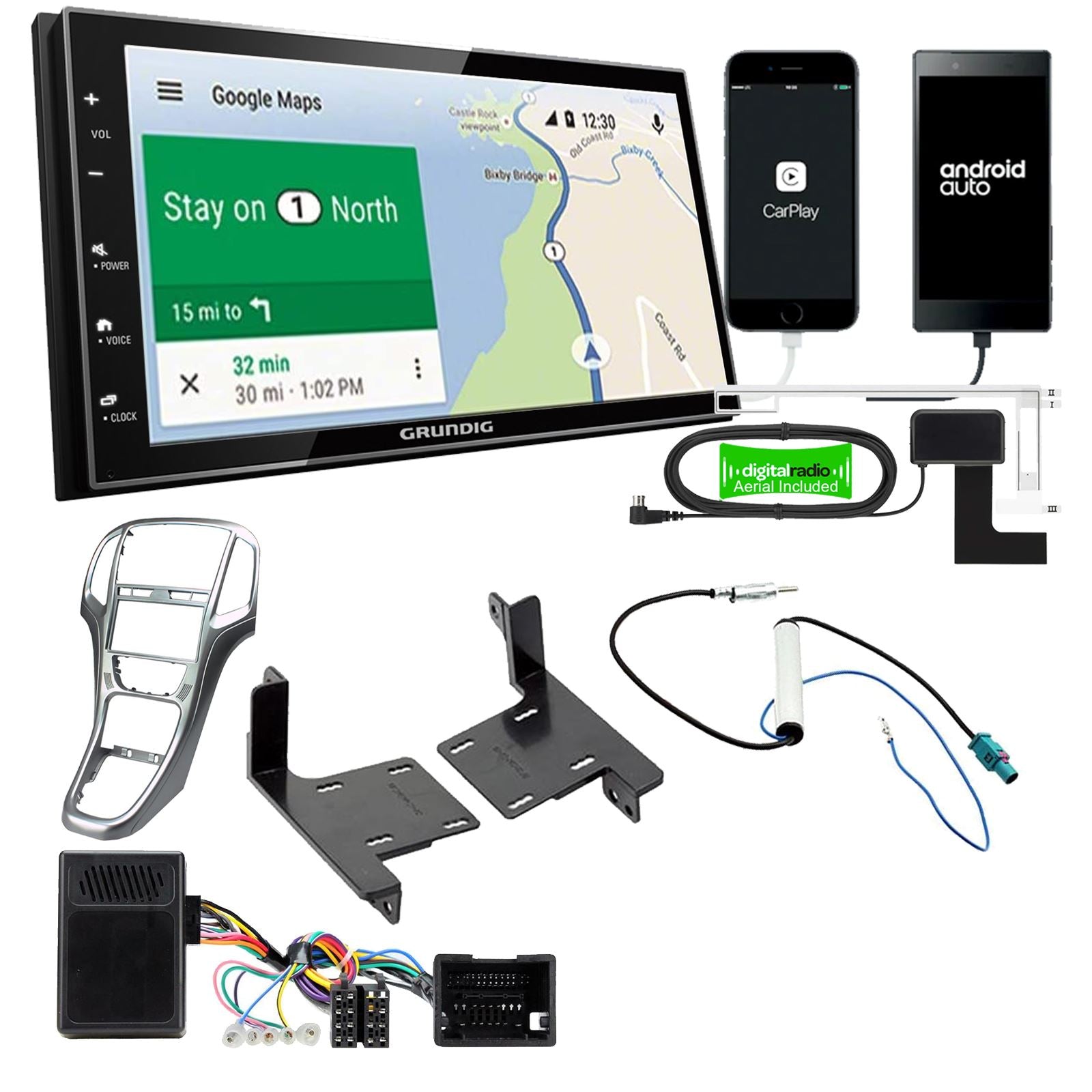 Grundig 6.8" Apple Android Double Din Stereo Fitting Kit + Steering Wheel Stalk Controls to fit Vauxhall Astra 2010-15