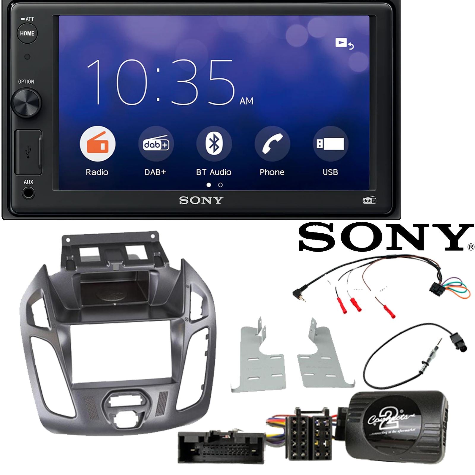 SONY 6.2" Screen Blutooth Double Din Stereo Fitting Kit + Steering Wheel Stalk Controls to fit Ford Transit-Connect 13-21