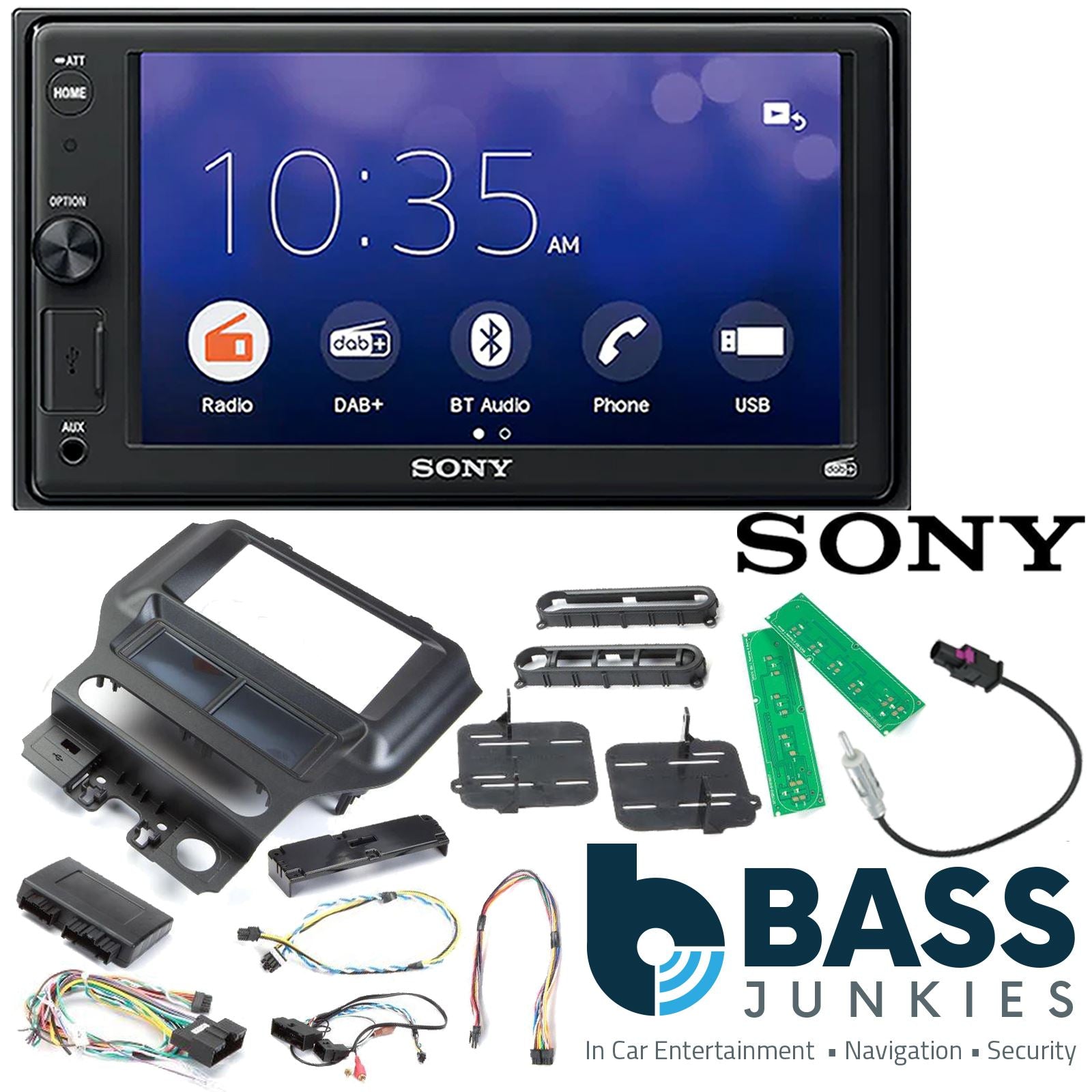 SONY XAV-1550D DAB+ Smart Bluetooth Car Radio + Stereo fitting kit + Steering Wheel Controls Loom for Ford Mustang 2015-2021
