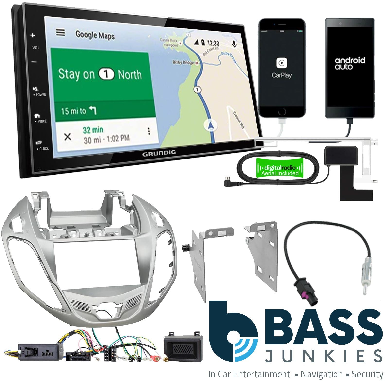 Grundig 6.8" Apple Android Double Din Stereo Fitting Kit + Steering Wheel Stalk Controls to fit Ford B-Max 2012-17