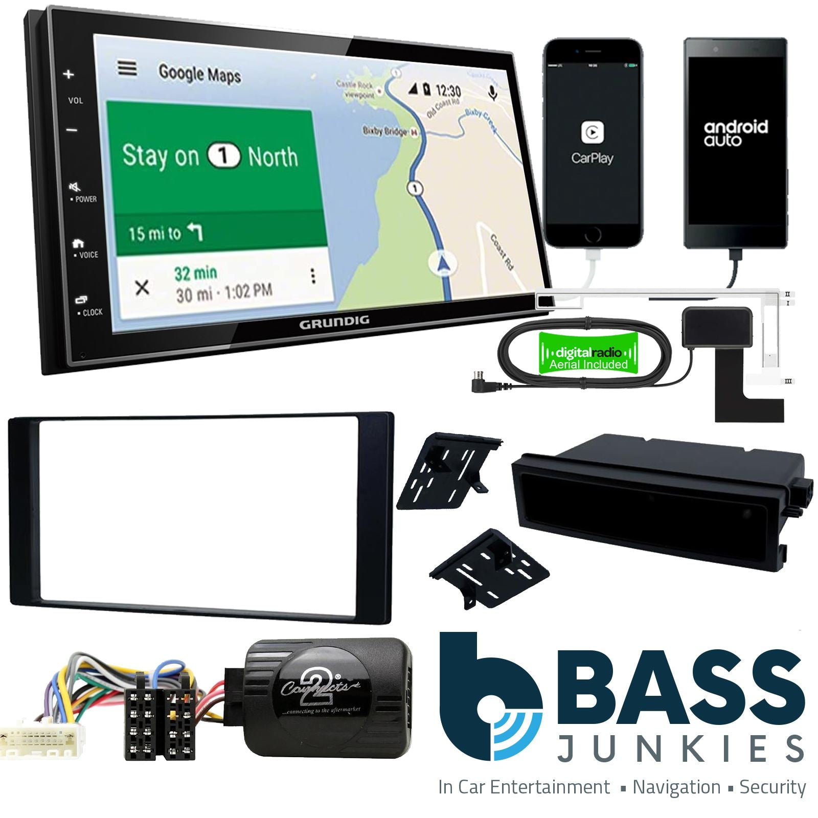 Grundig 6.8" Apple Android Double Din Stereo Fitting Kit + Steering Wheel Stalk Controls to fit Subaru Impreza 2012-15 | Subaru XV 2012-15