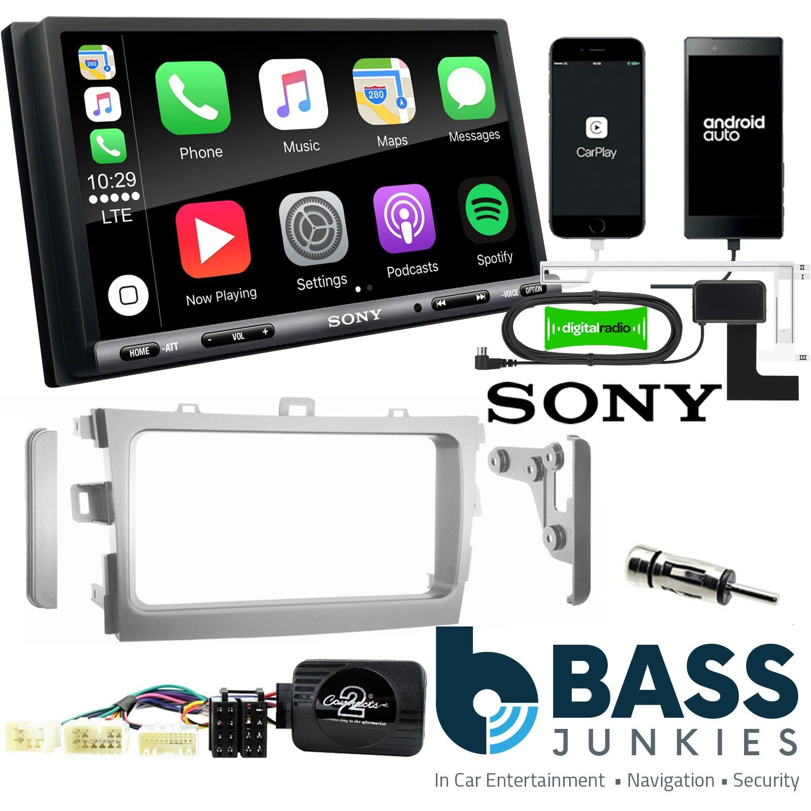 SONY DAB+ Apple | Android Double Din Stereo Fitting Kit + Steering Wheel Stalk Controls to fit Toyota Corolla 2009-11