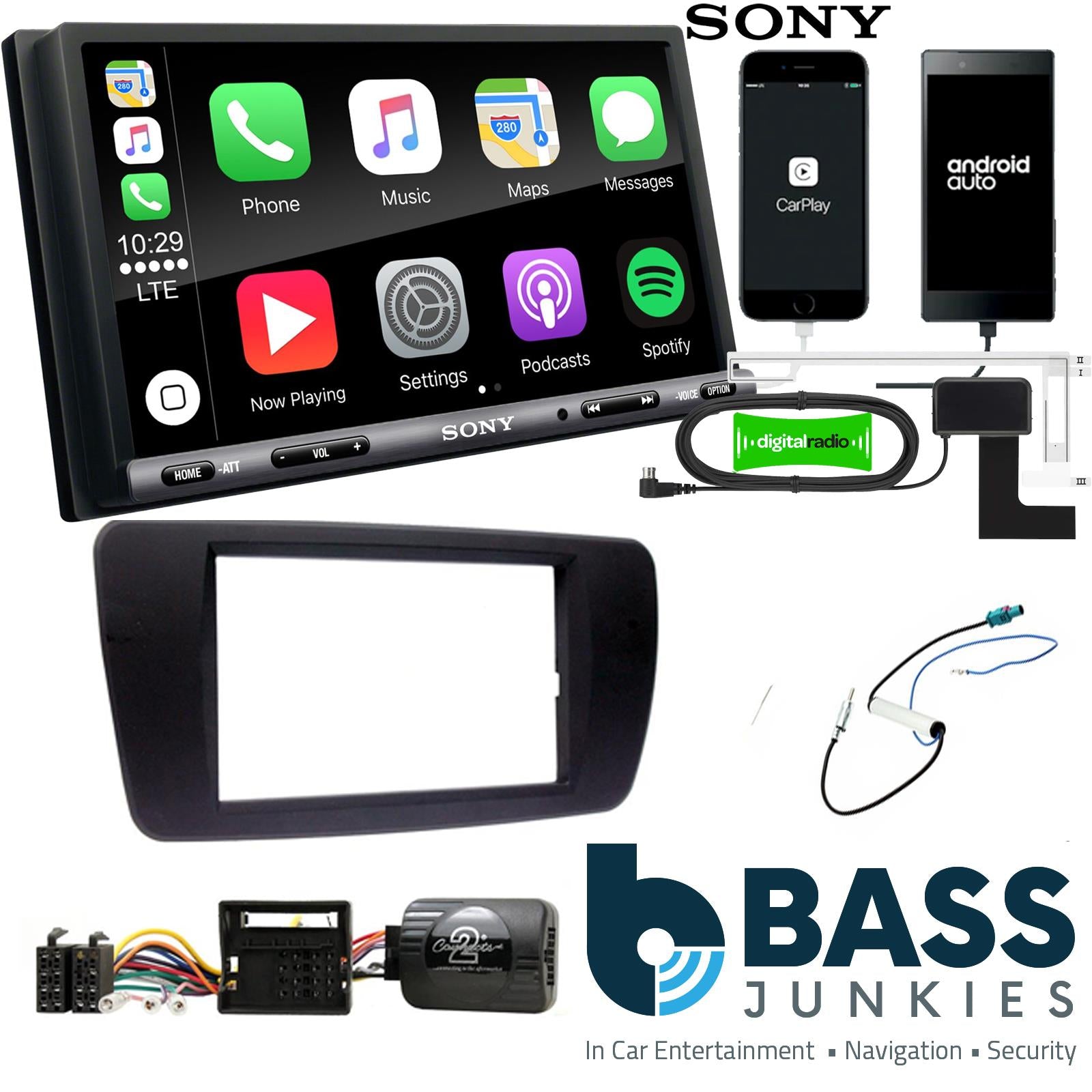 SONY DAB+ Apple | Android Double Din Stereo Fitting Kit + Steering Wheel Stalk Controls to fit Seat Ibiza 2008-14