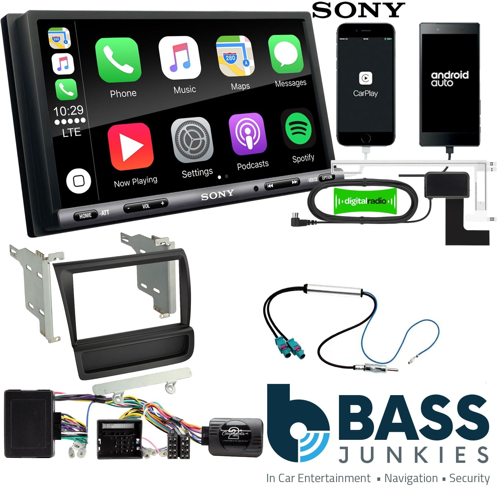 SONY DAB+ Apple | Android Double Din Stereo Fitting Kit + Steering Wheel Stalk Controls to fit Audi R8 2007-15