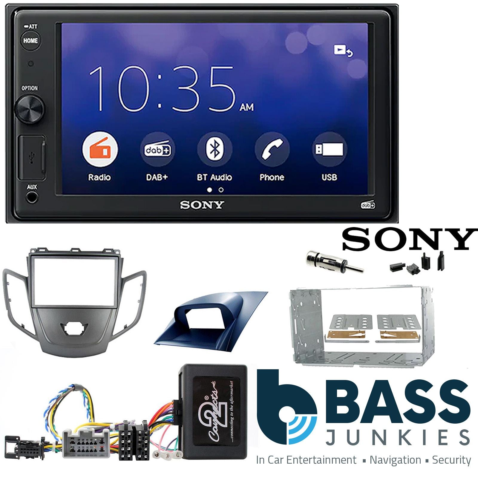 SONY XAV-1550D DAB+ Smart Bluetooth Car Radio + Stereo fitting kit + Steering Wheel Controls Loom for Ford Fiesta 2008-2010
