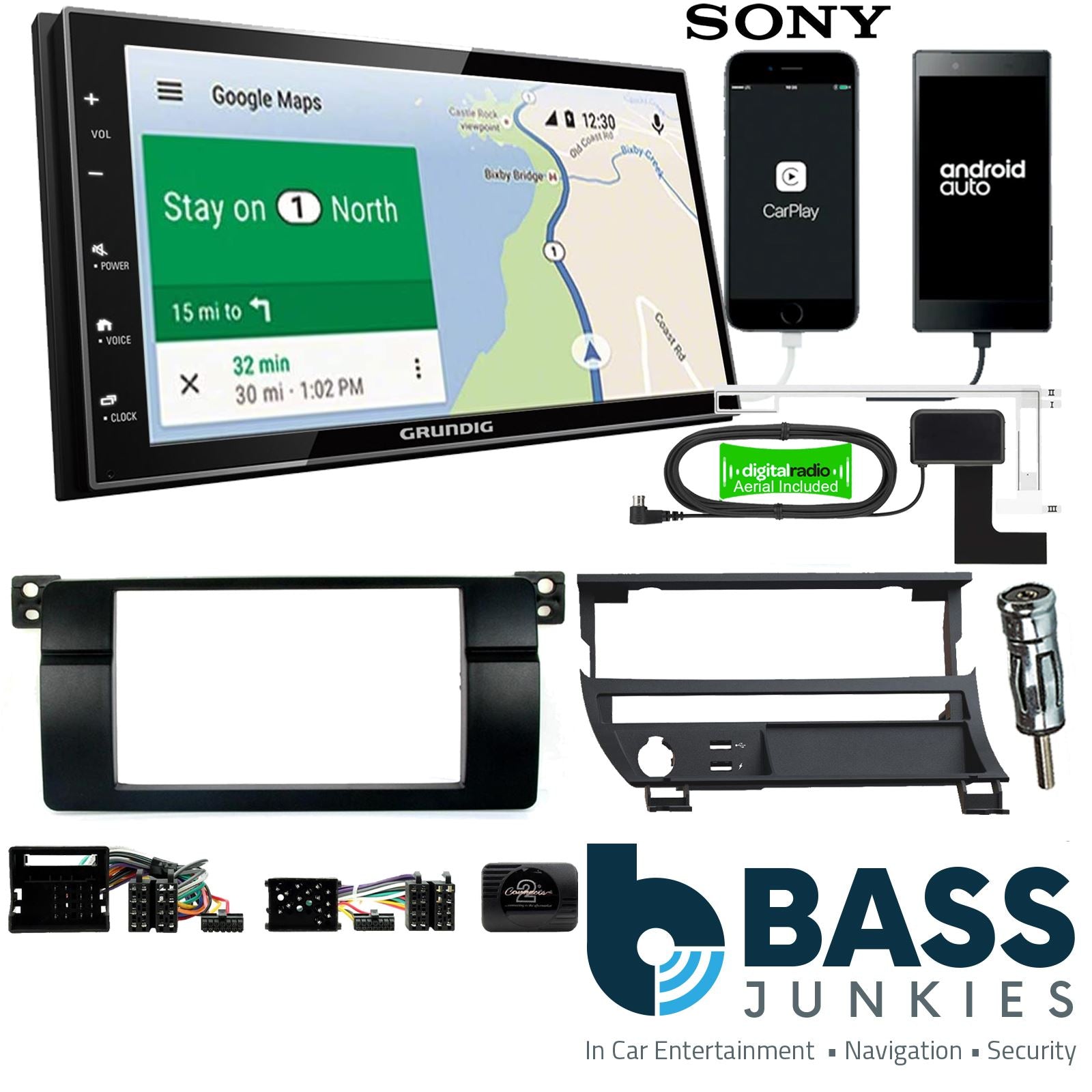 Grundig 6.8" Apple Android Double Din Stereo Fitting Kit + Steering Wheel Stalk Controls to fit BMW 3-Series 1998-05