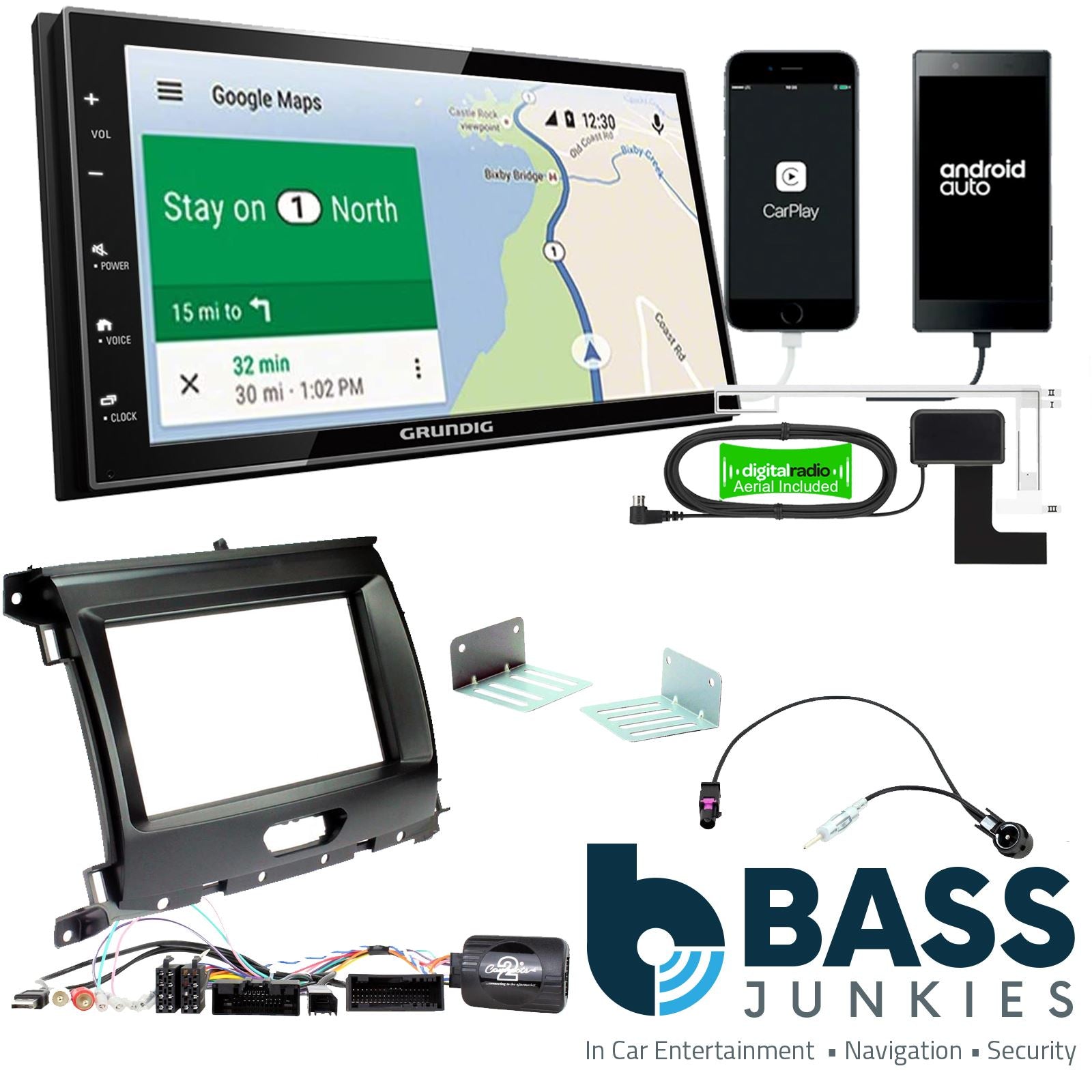 Grundig 6.8" Apple Android Double Din Stereo Fitting Kit + Steering Wheel Stalk Controls to fit Ford Ranger 2016-20