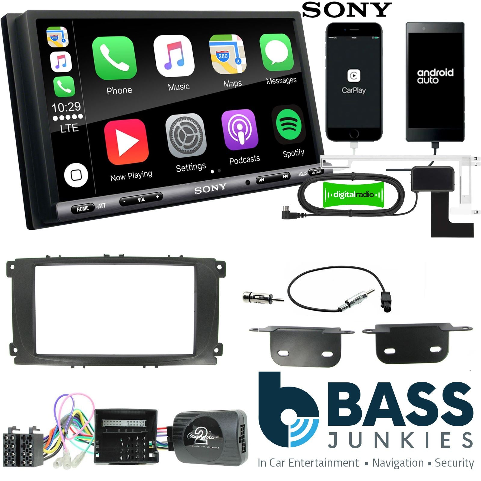 SONY DAB+ Apple | Android Double Din Stereo Fitting Kit + Steering Wheel Stalk Controls to fit Ford S-Max 2006-14 | Ford Focus 2007-11 | Ford Mondeo 2007-14