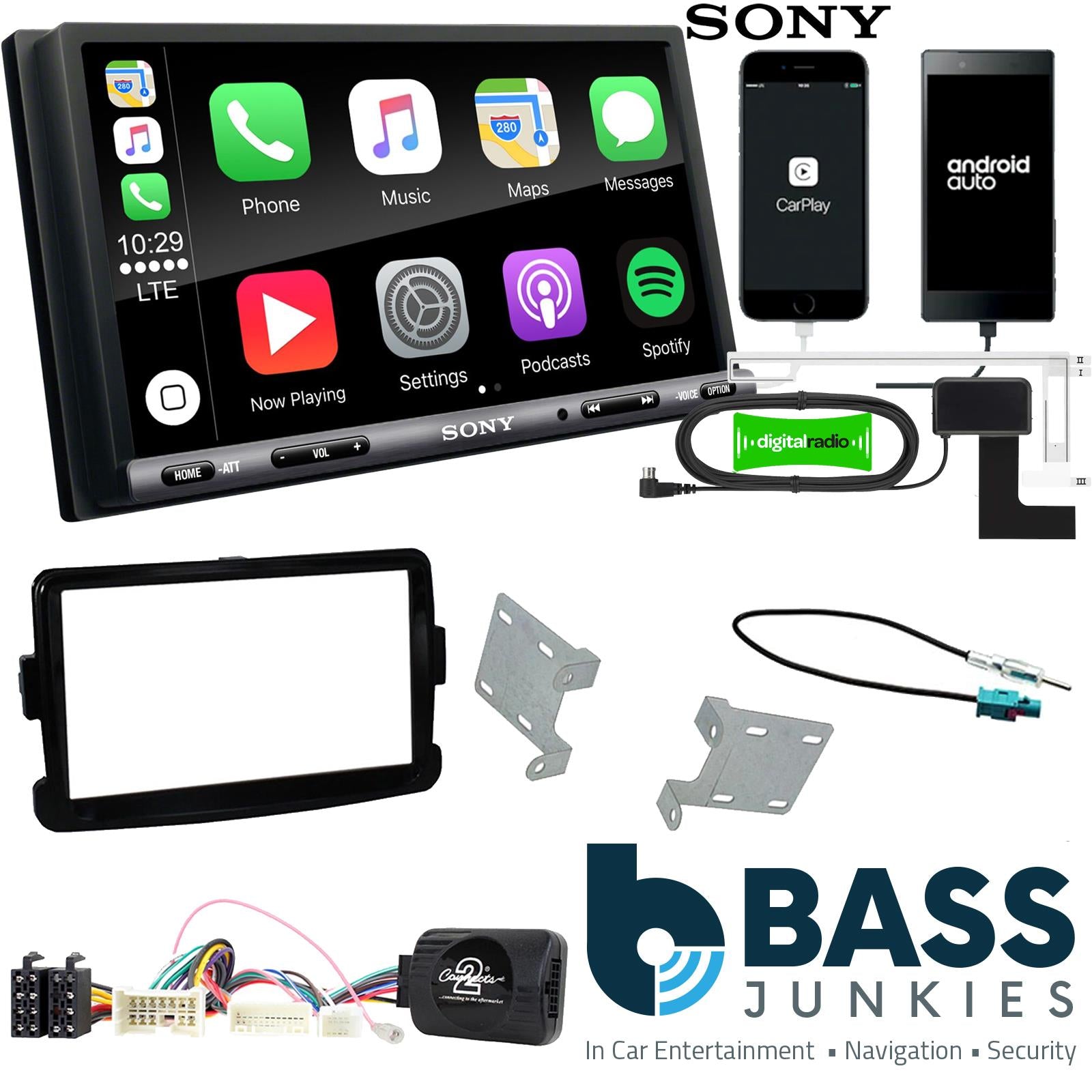 SONY DAB+ Apple | Android Double Din Stereo Fitting Kit + Steering Wheel Stalk Controls to fit Dacia Duster 2012-17 | Dacia Sandero 2012-16
