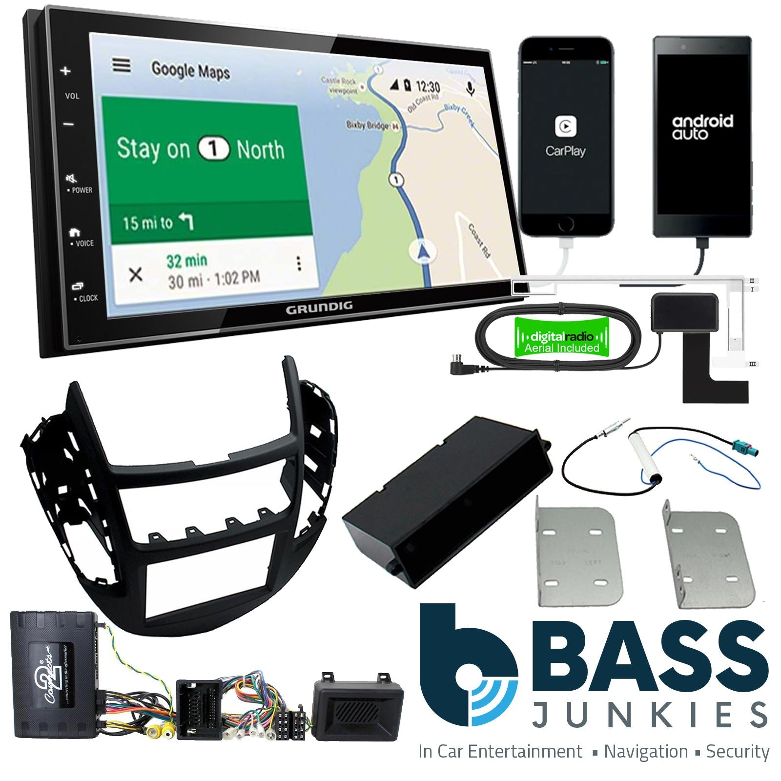 Grundig 6.8" Apple Android Double Din Stereo Fitting Kit + Steering Wheel Stalk Controls to fit Chevrolet Tracker 2013-21 | Chevrolet Trax 2013-21 | Holden Trax 2017-20