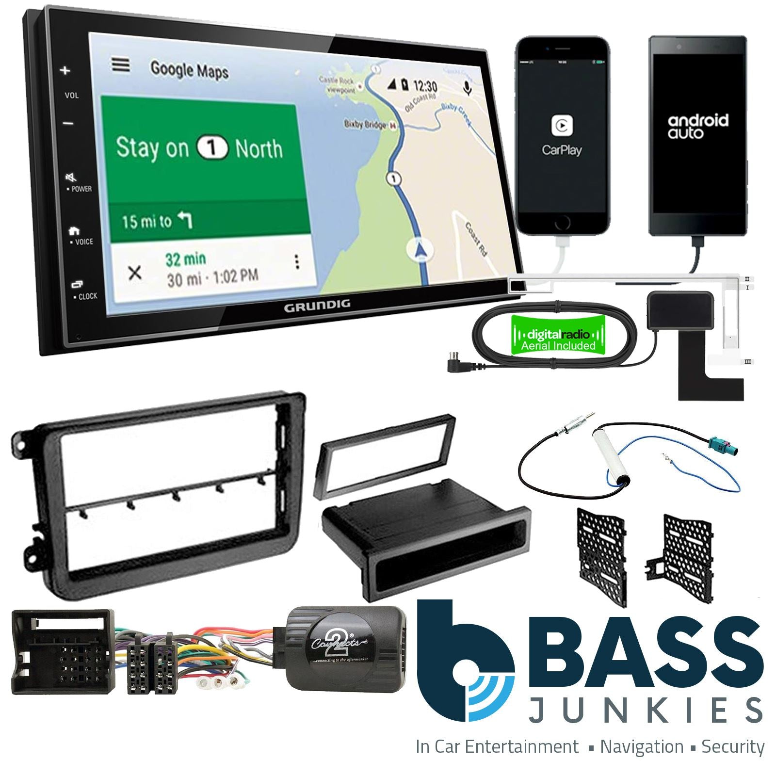 Grundig 6.8" Apple Android Double Din Stereo Fitting Kit + Steering Wheel Stalk Controls to fit VW Passat 2005-15