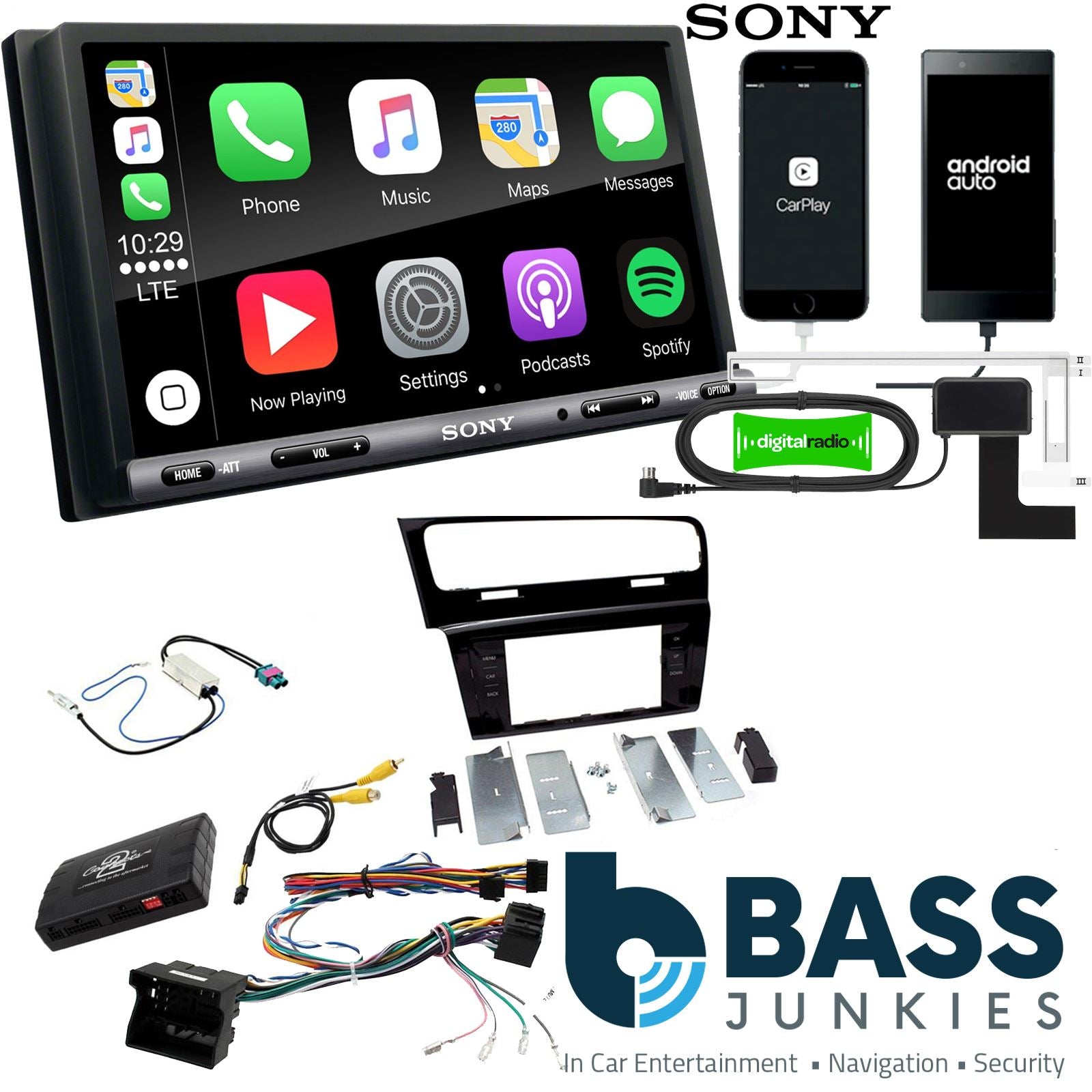 SONY DAB+ Apple | Android Double Din Stereo Fitting Kit + Steering Wheel Stalk Controls to fit VW Golf 2013-18