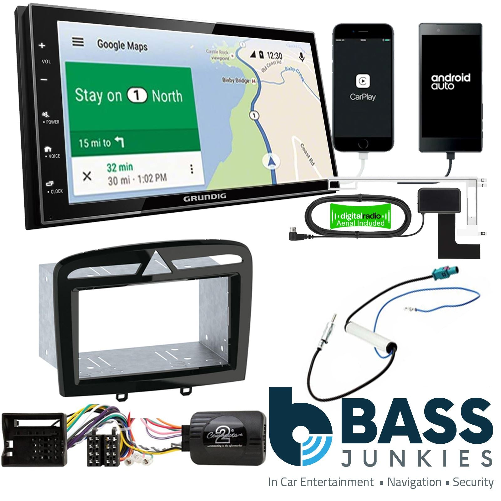 Grundig 6.8" Apple Android Double Din Stereo Fitting Kit + Steering Wheel Stalk Controls to fit Peugeot 308 2007-13