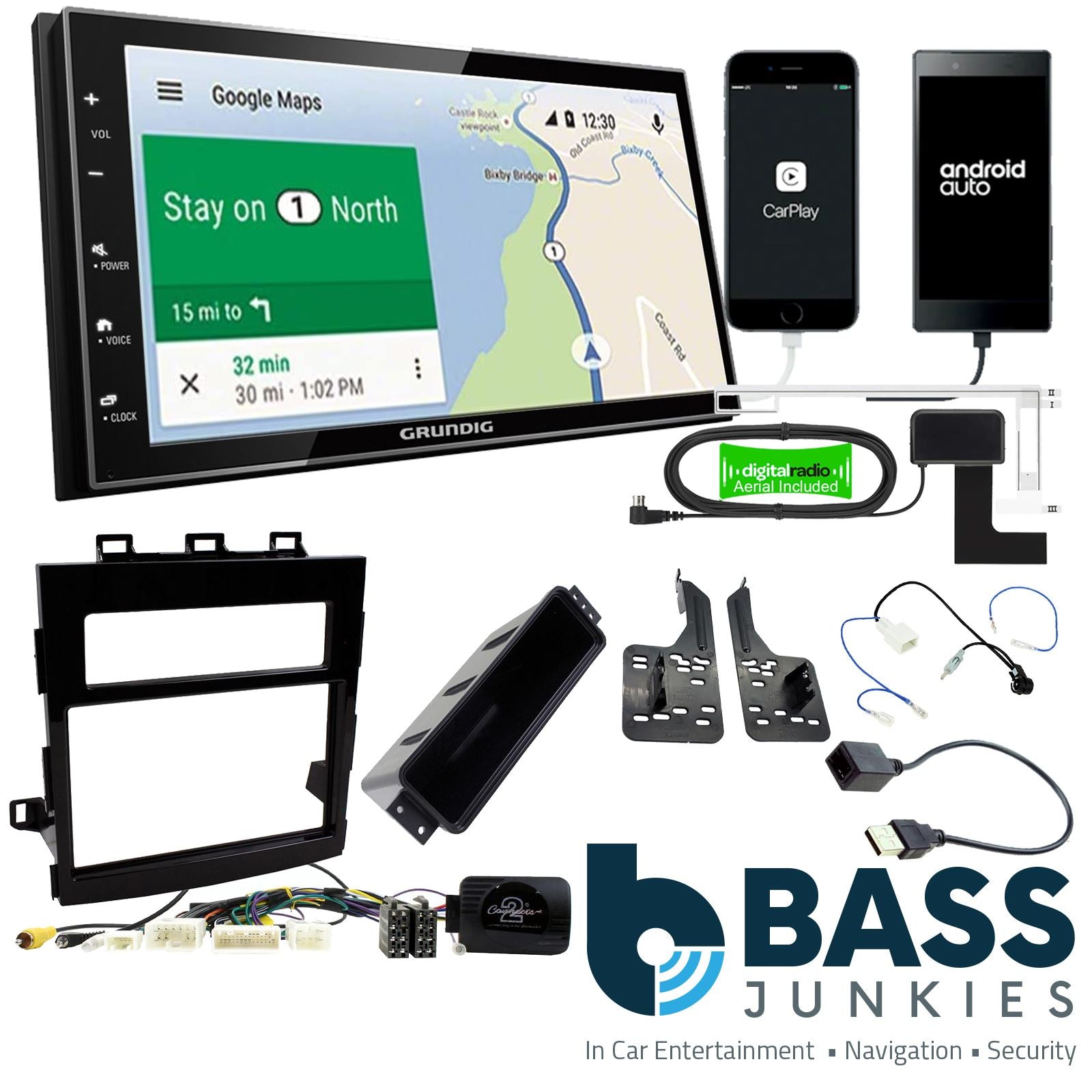 Grundig 6.8" Apple Android Double Din Stereo Fitting Kit + Steering Wheel Stalk Controls to fit Subaru Impreza 2016-21