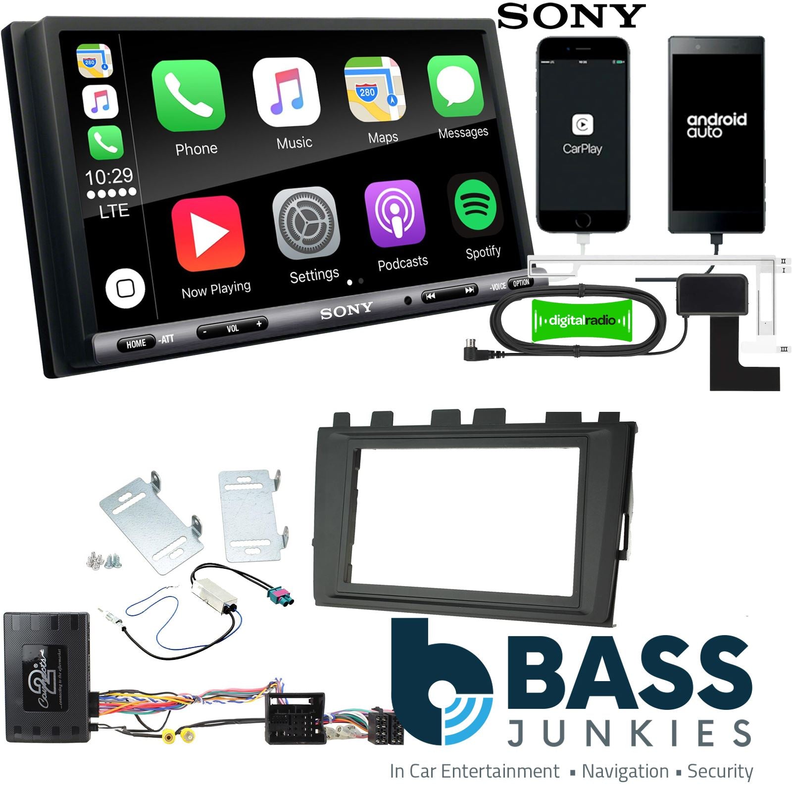 SONY DAB+ Apple | Android Double Din Stereo Fitting Kit + Steering Wheel Stalk Controls to fit VW Polo 2018-21