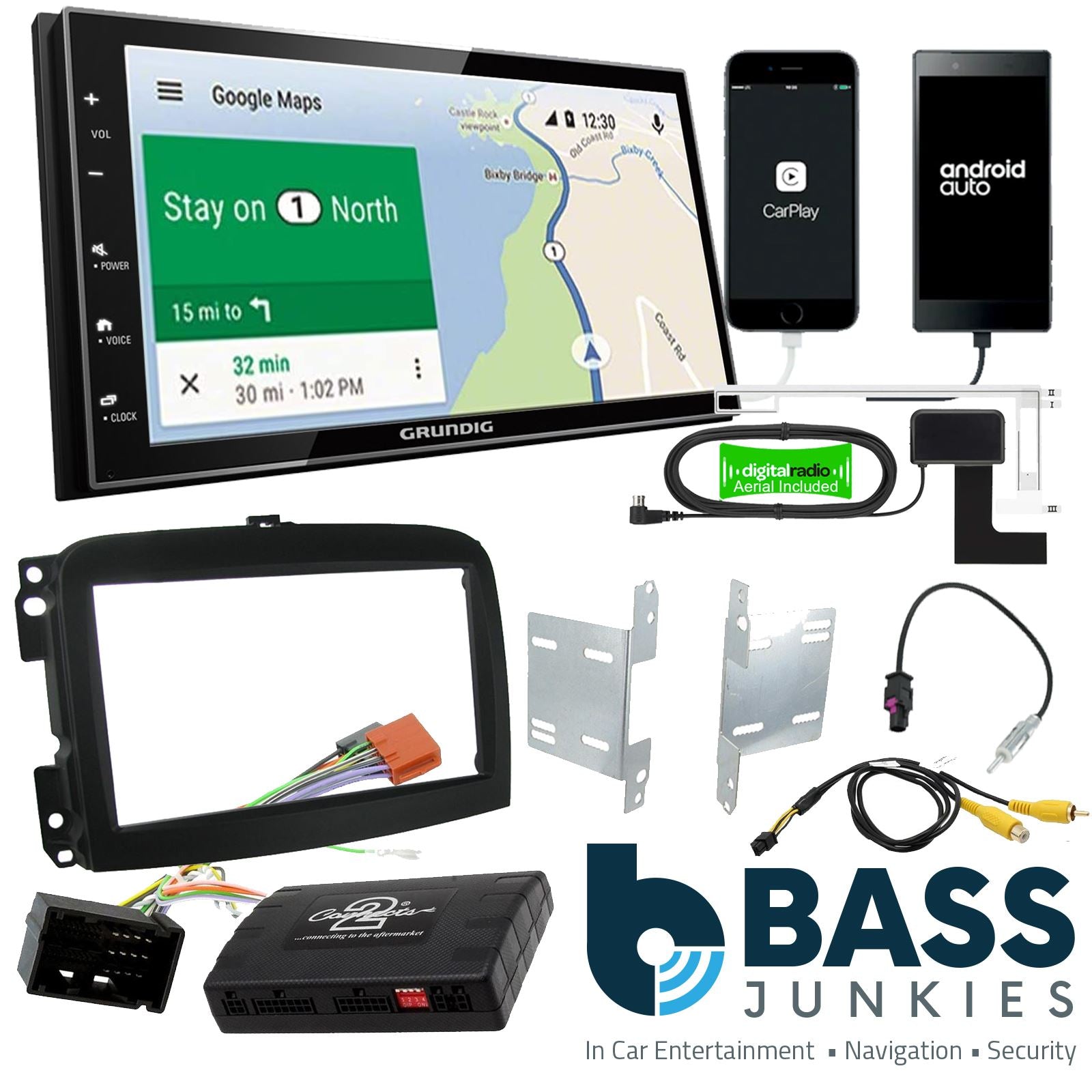 Grundig 6.8" Apple Android Double Din Stereo Fitting Kit + Steering Wheel Stalk Controls to fit Fiat 500L 2012-18