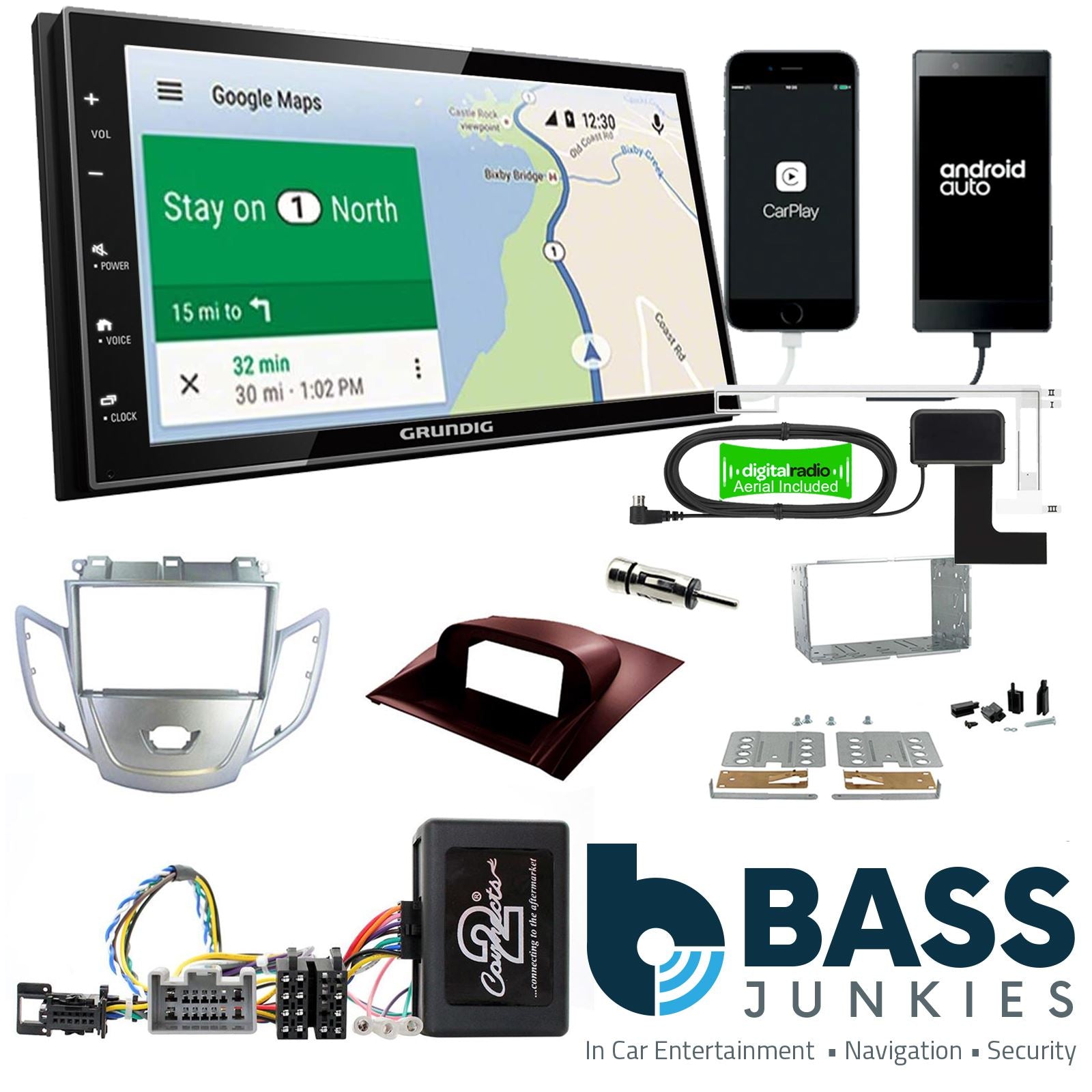 Grundig 6.8" Apple Android Double Din Stereo Fitting Kit + Steering Wheel Stalk Controls to fit Ford Fiesta 2008-10