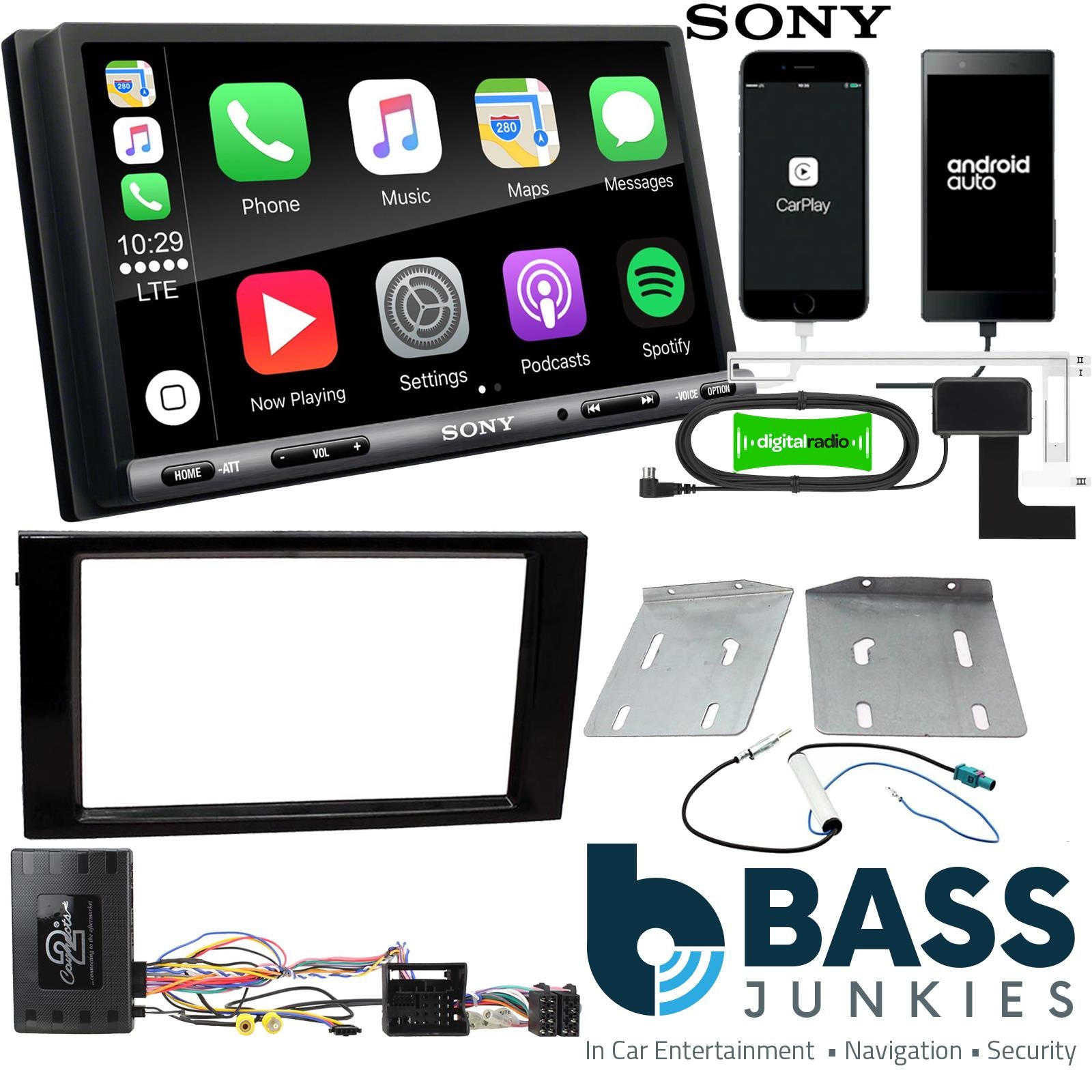 SONY DAB+ Apple | Android Double Din Stereo Fitting Kit + Steering Wheel Stalk Controls to fit Seat Leon 2012-15 | Seat Ibiza 2015-17